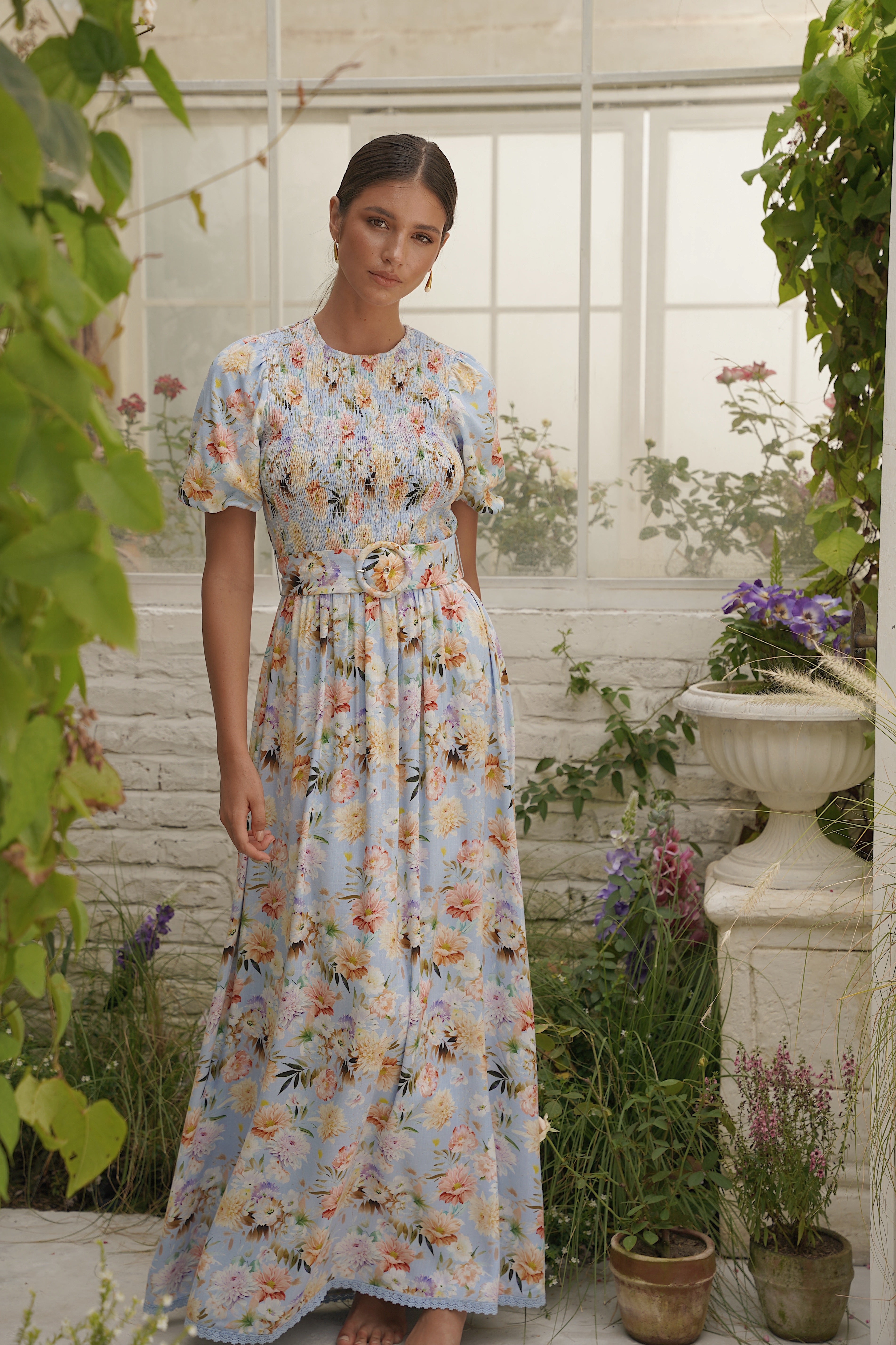 Lyseblå blomstrete Camden maxi kjole