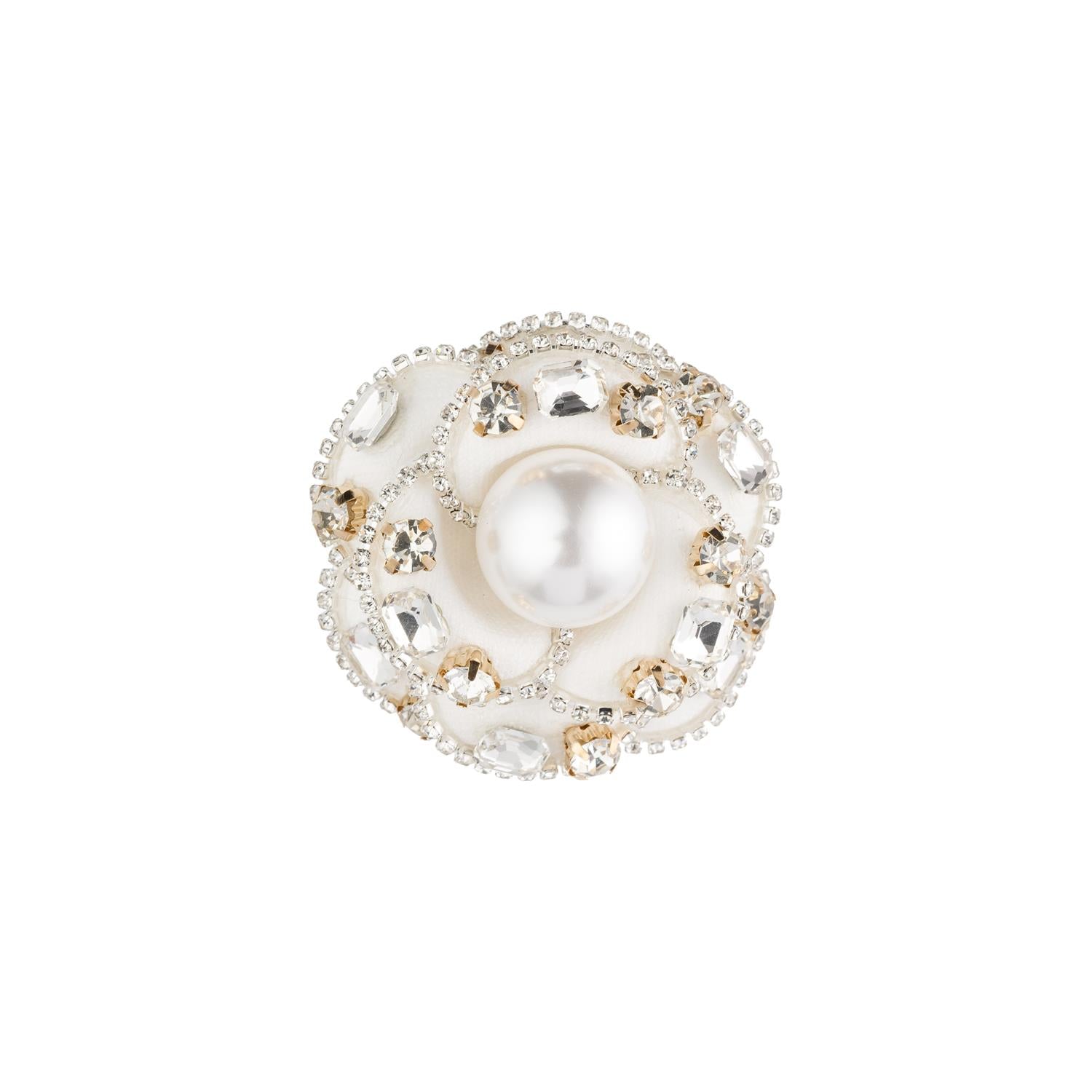 Vintage Flower Brooch w/ Crystals & Pearls White