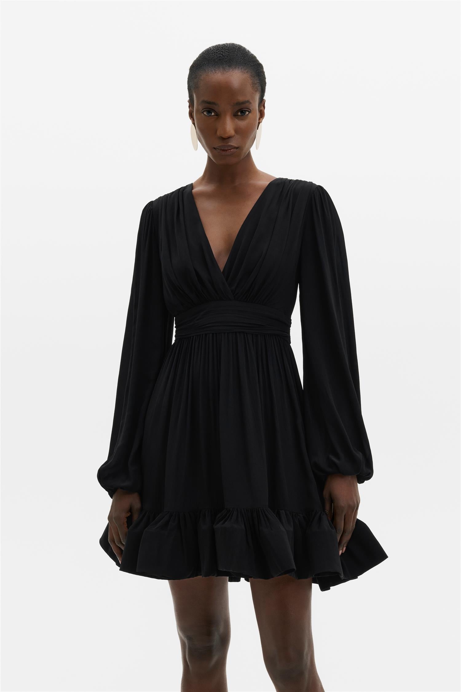 Jadie V-Neck Ruffled Mini Dress Black