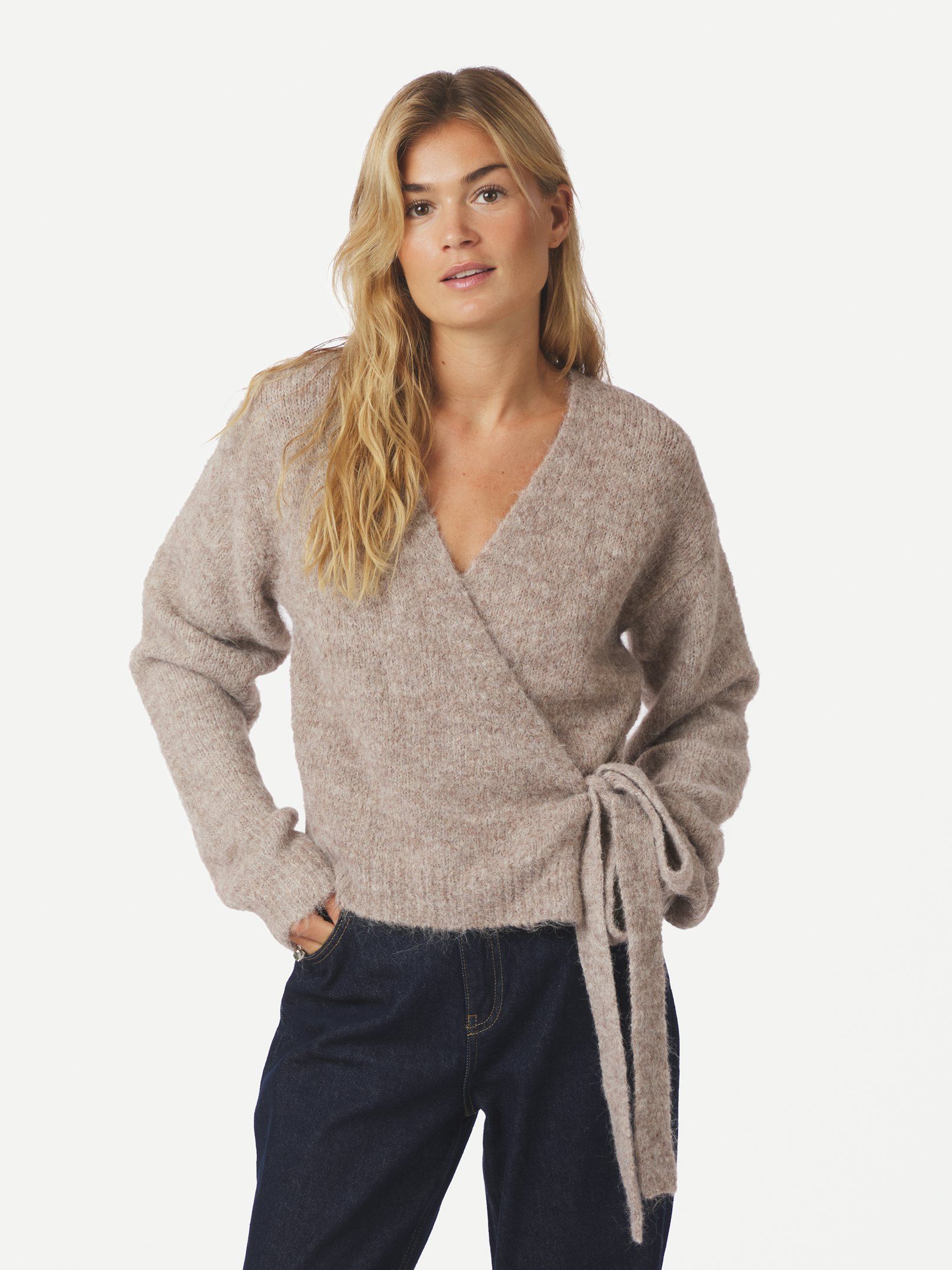 Ronia Fluffy Wrap Knit Cardigan Beige Melange