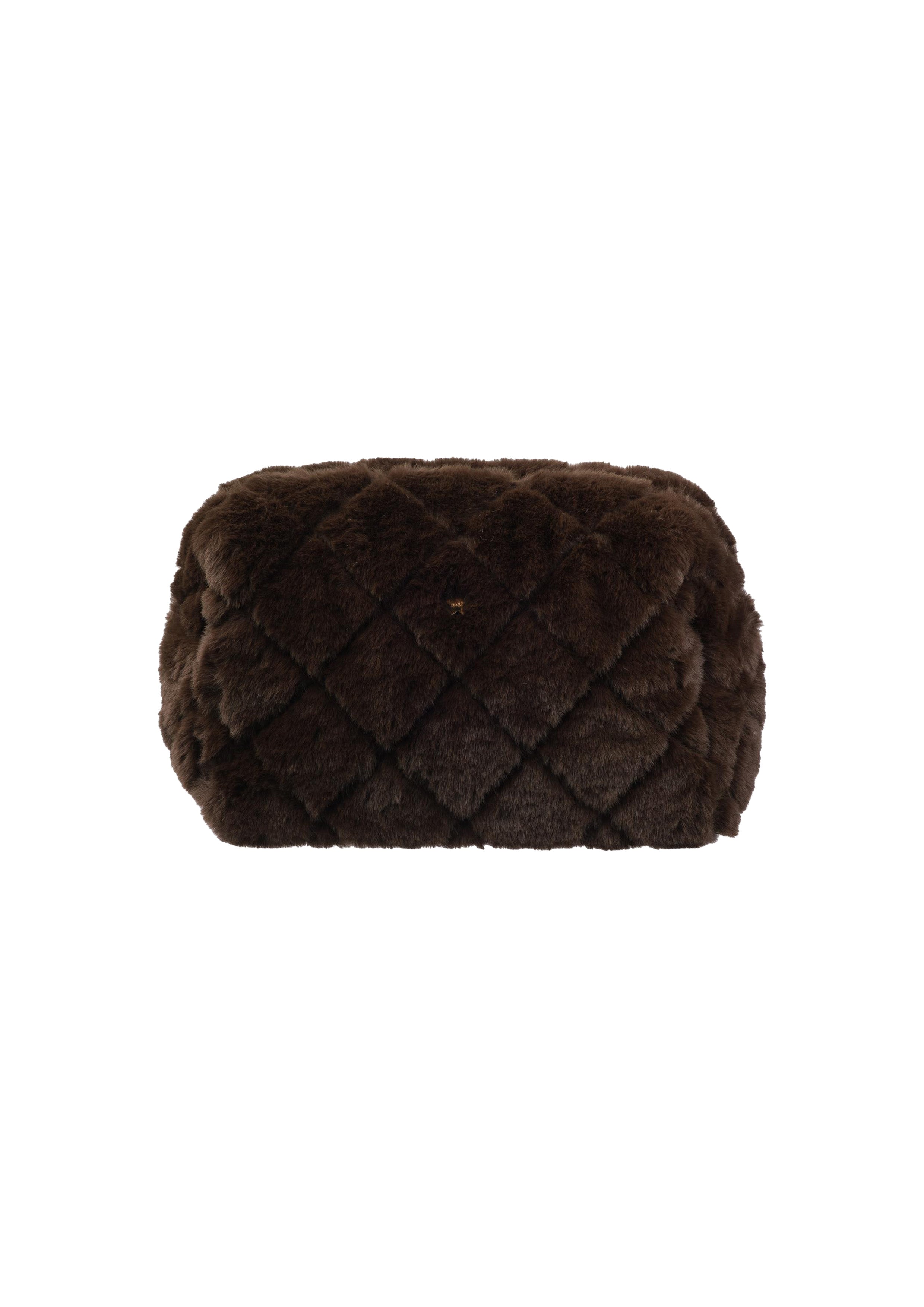 Faux Fur Quilted Make-Up Pouch Large Chocolate Brown