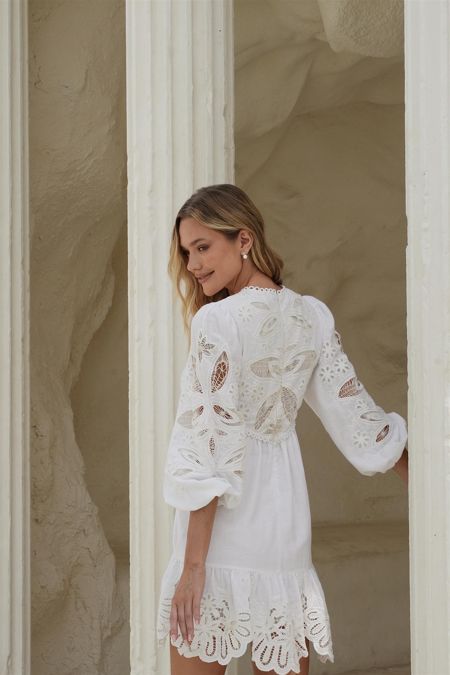 Arden Mini Dress White w/ Embroidery