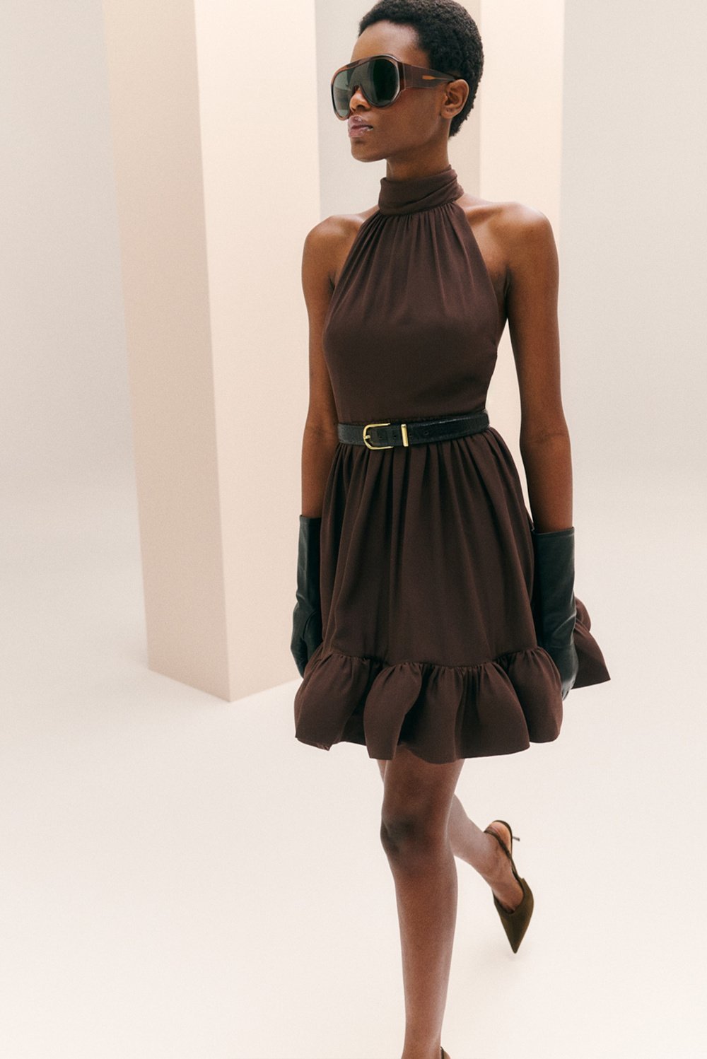 Fern Halterneck Ruffled Mini Dress Chocolate