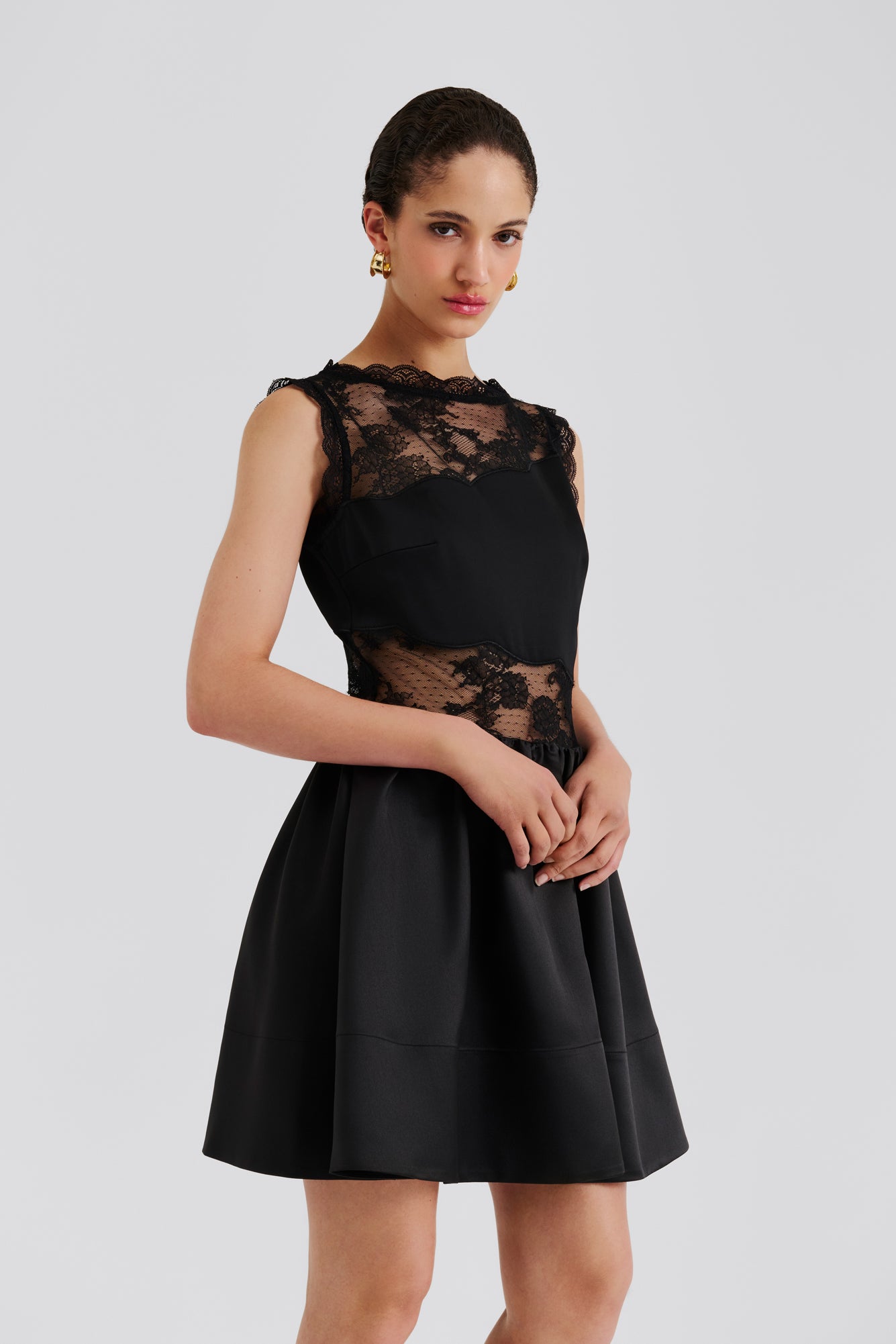 Rosy Lace Trimmed Cut Out Mini Dress Black