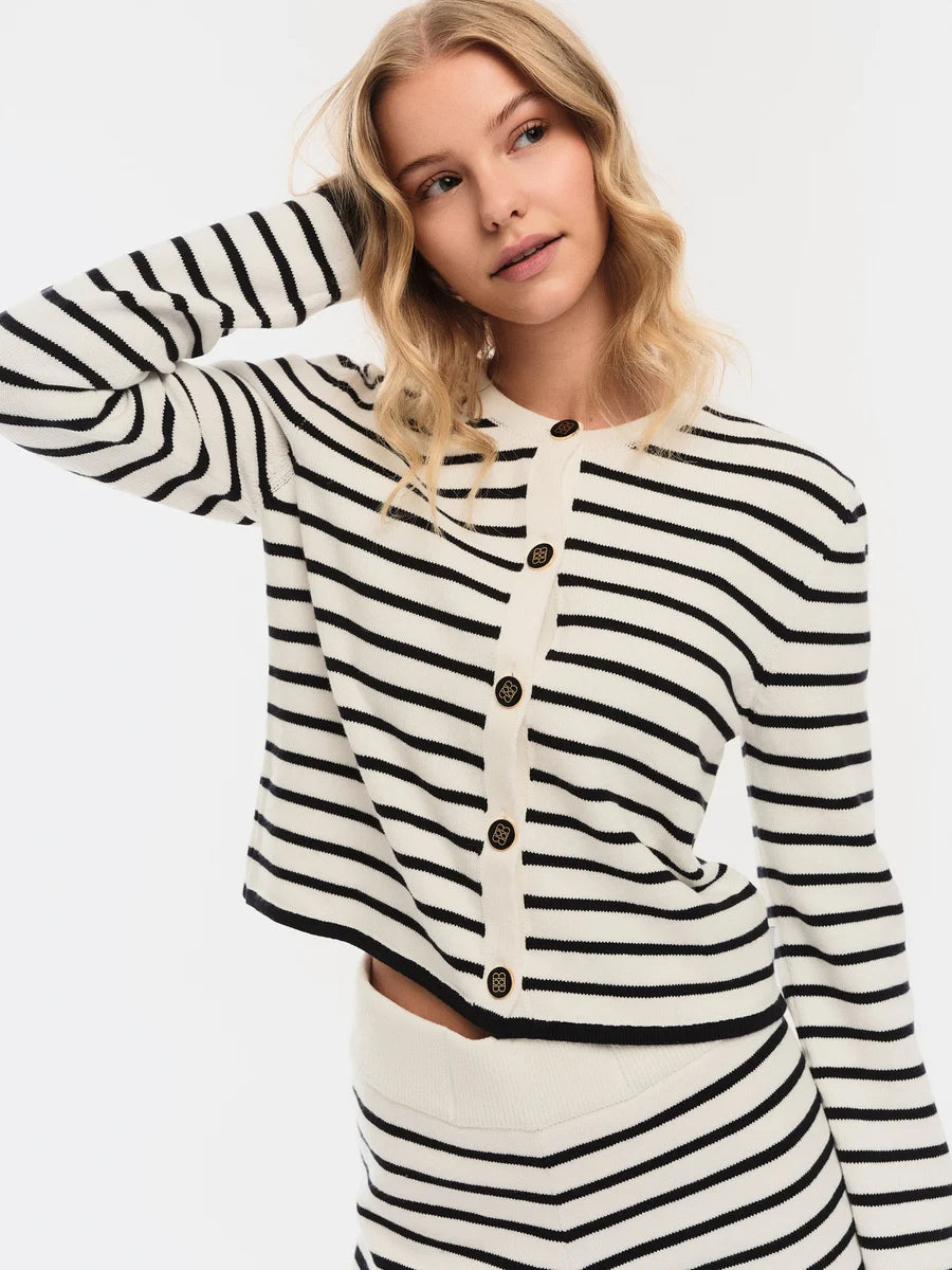 Lisa Cotton Cardigan White With Navy Stripes