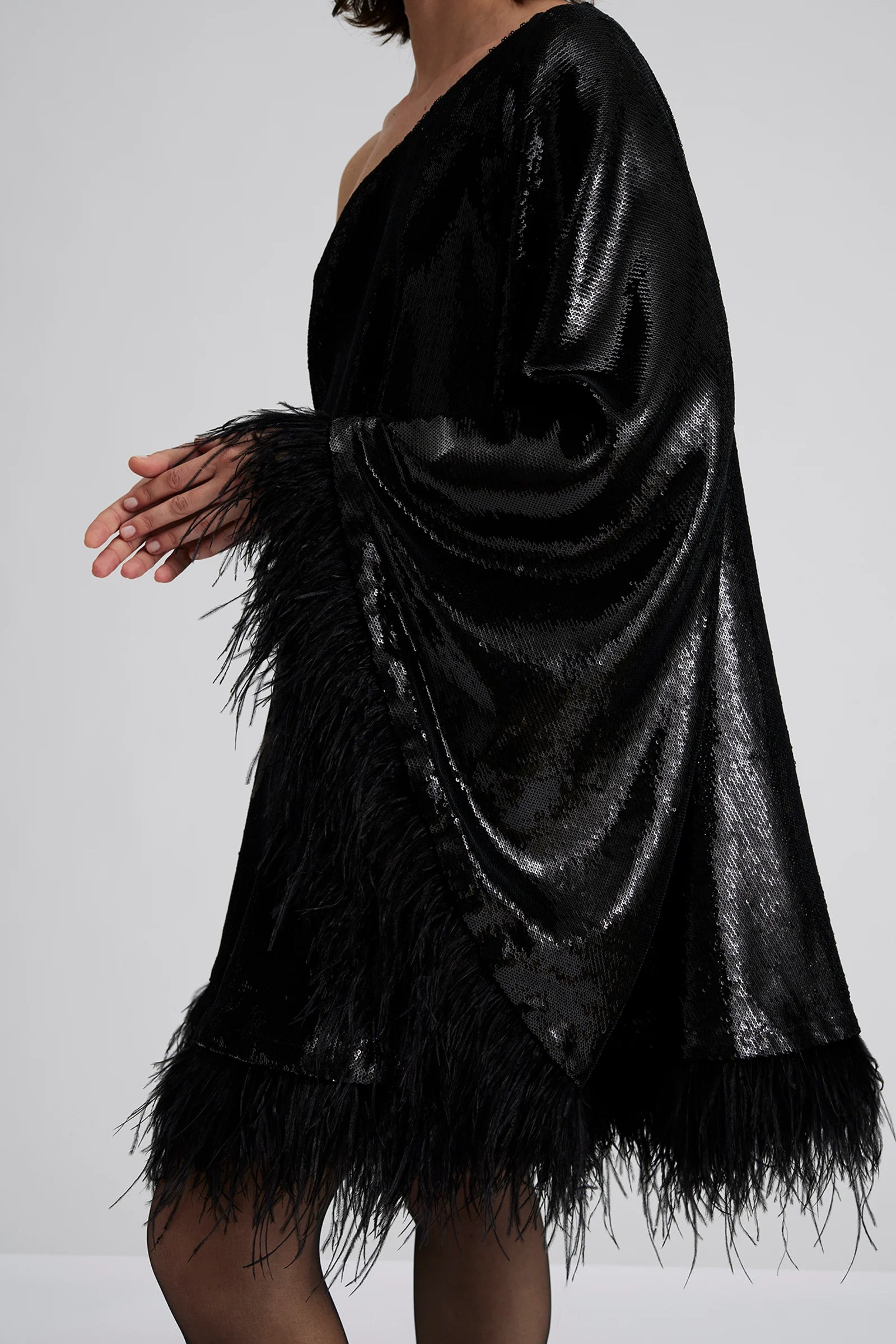 Andrea One-Shoulder Feather Sequin Mini Dress Black