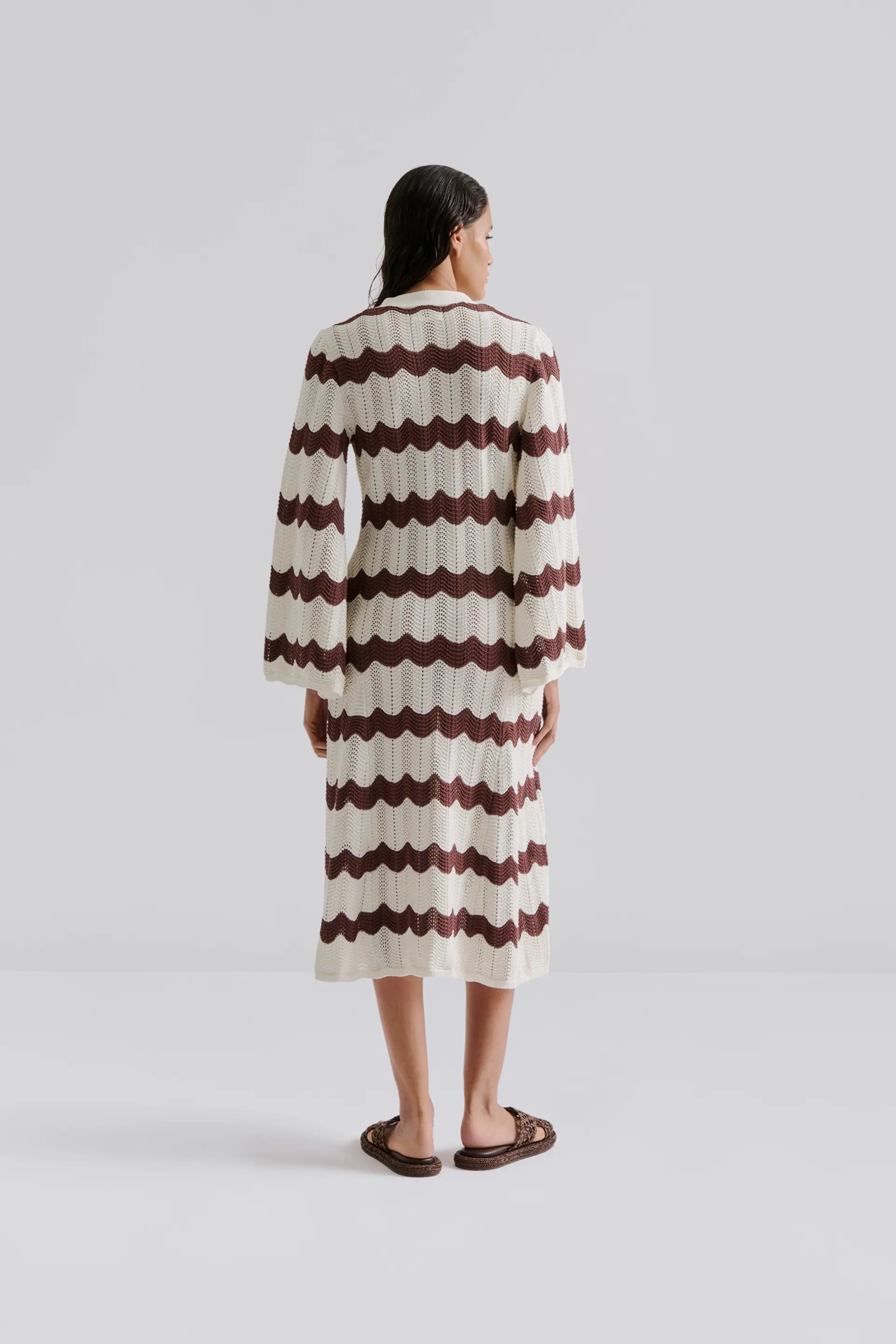 Isobel Wide Sleeve Knitted Midi Dress Brown Stripe