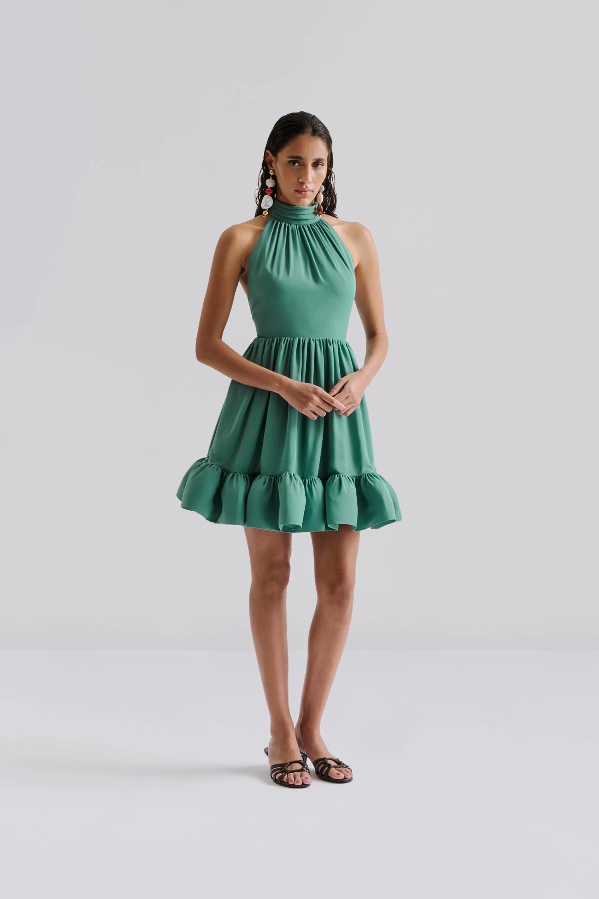 Fern Halterneck Ruffled Mini Dress Deep Aqua