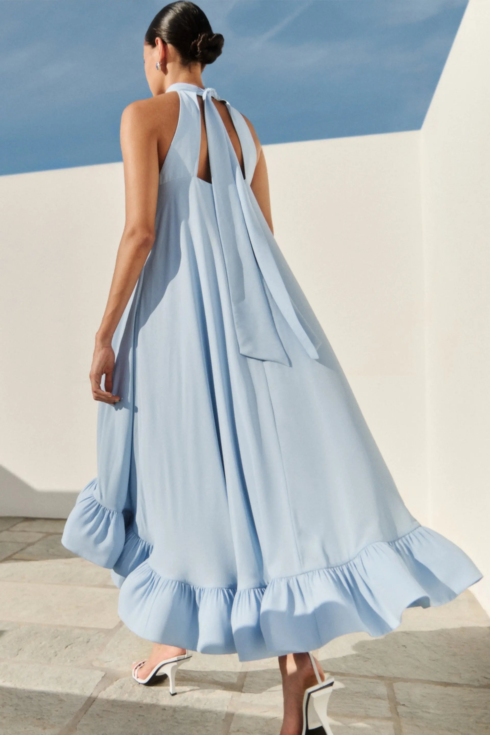 Sabrina Halterneck Ruffled Maxi Dress Dusty Blue