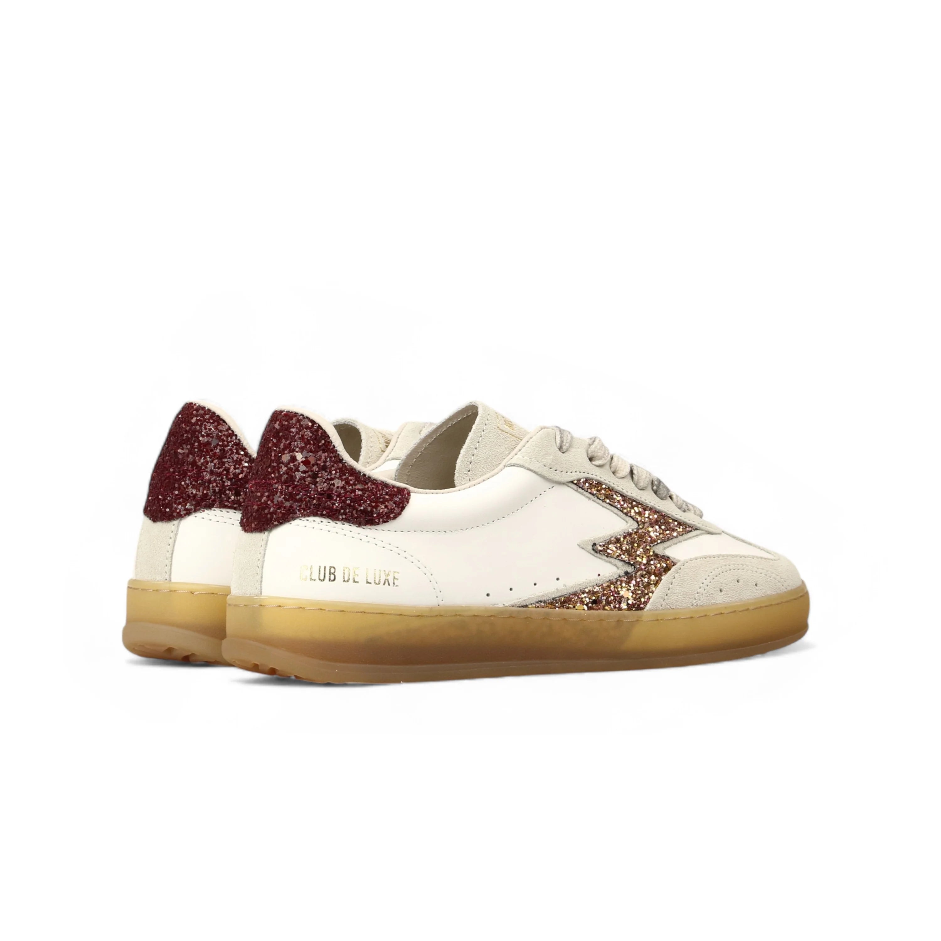 Club Deluxe White Leather Deep Red And Champagne Glitter