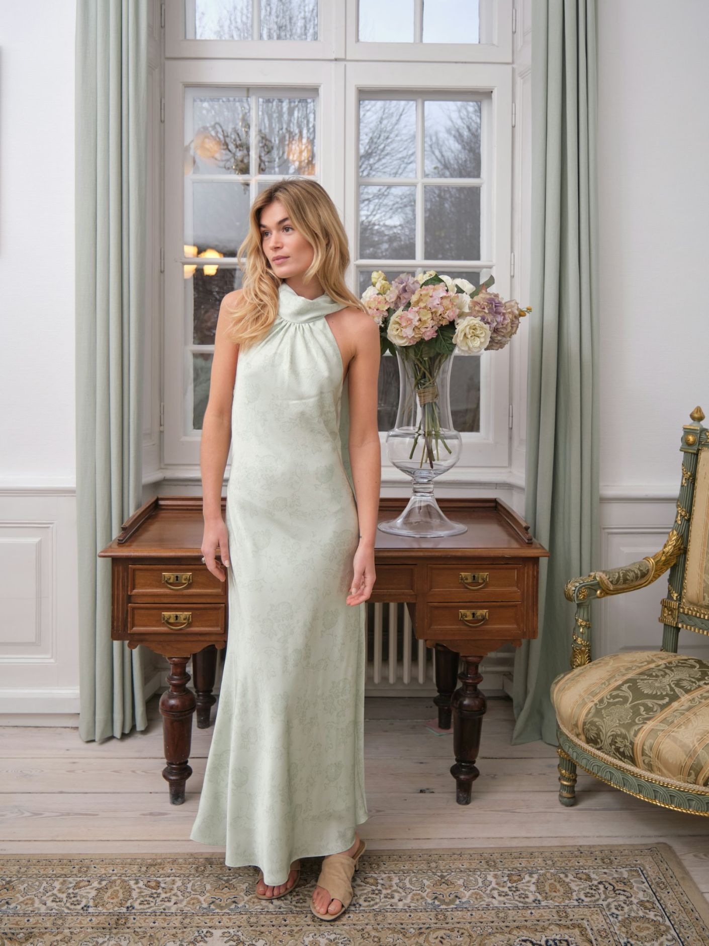 Fiona Pattern Satin Dress Light Green