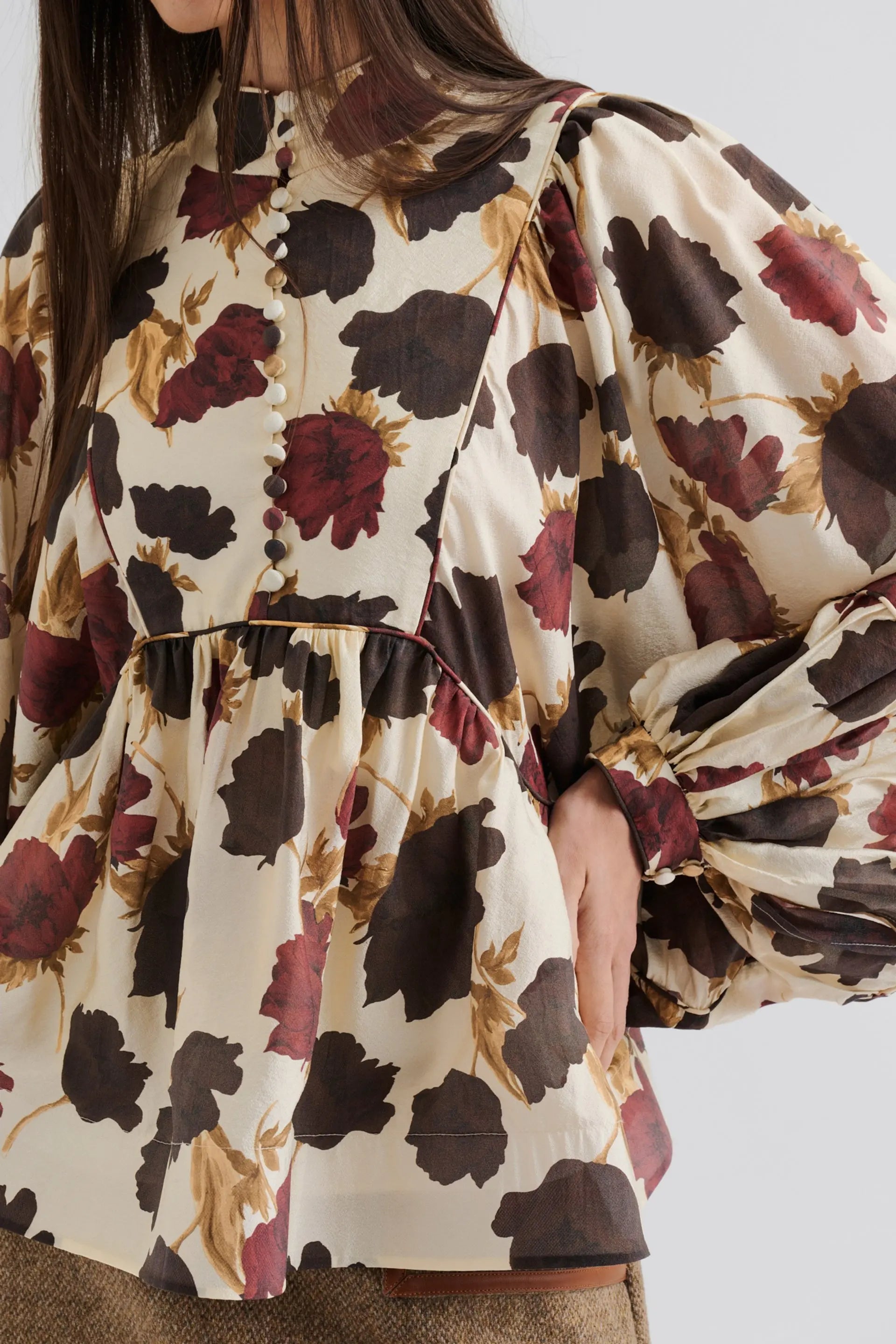 Pernilla High Neck Balloon Sleeve Blouse Wine Peony