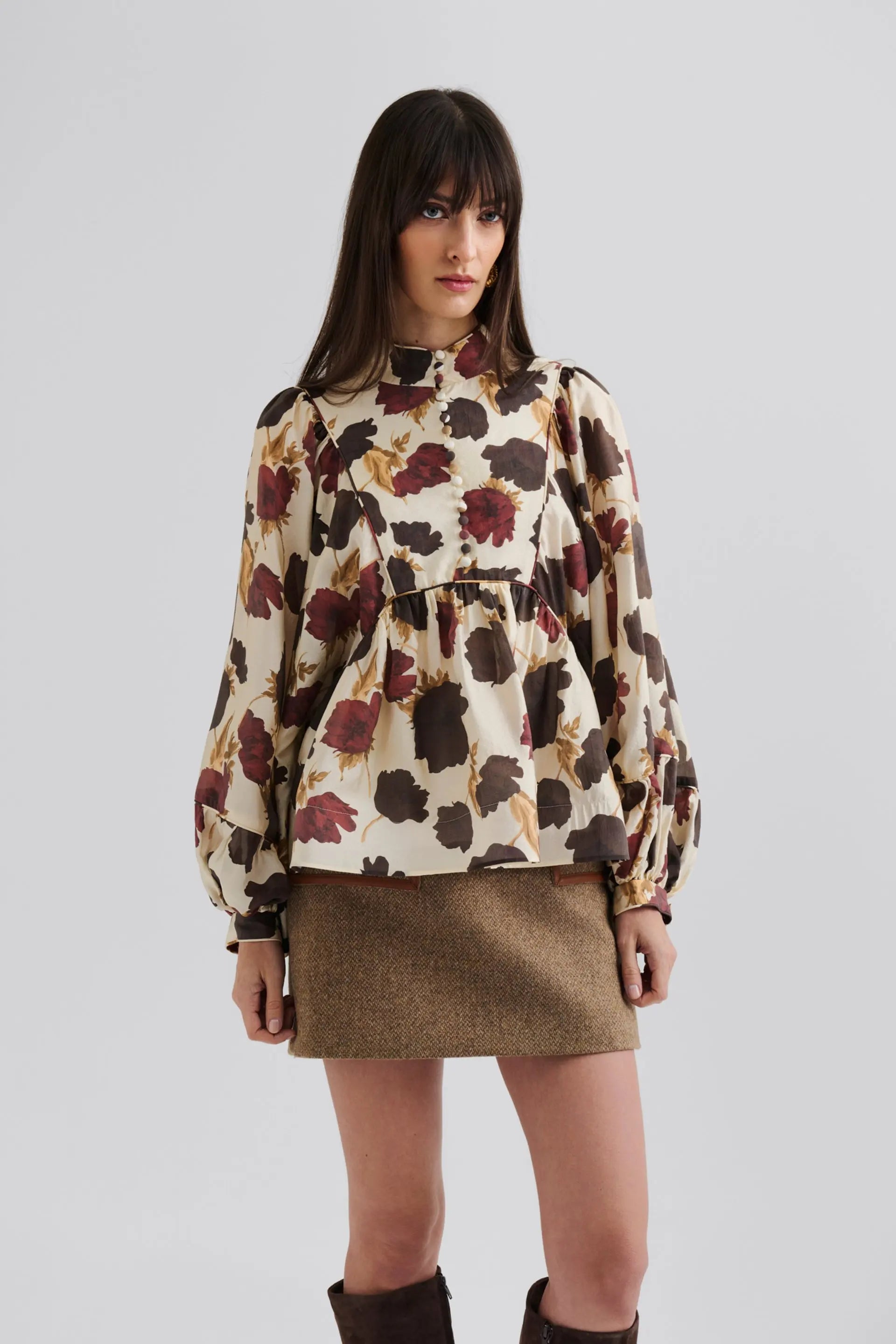 Pernilla High Neck Balloon Sleeve Blouse Wine Peony