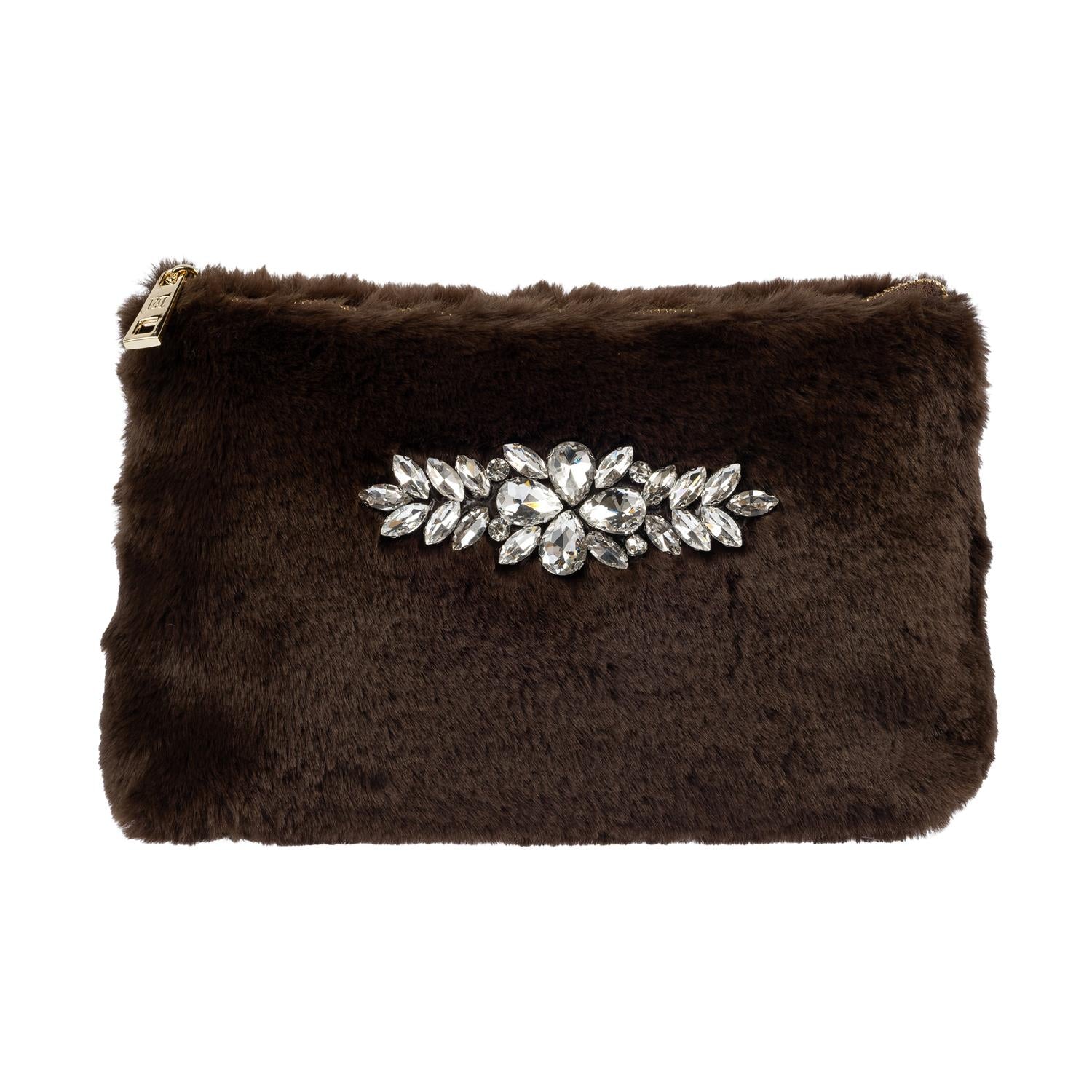 Faux Fur Standing Pouch w/ Crystals Chocolate Brown