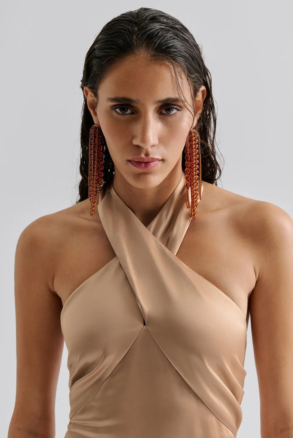 Alene Halterneck Satin Maxi Dress Tan