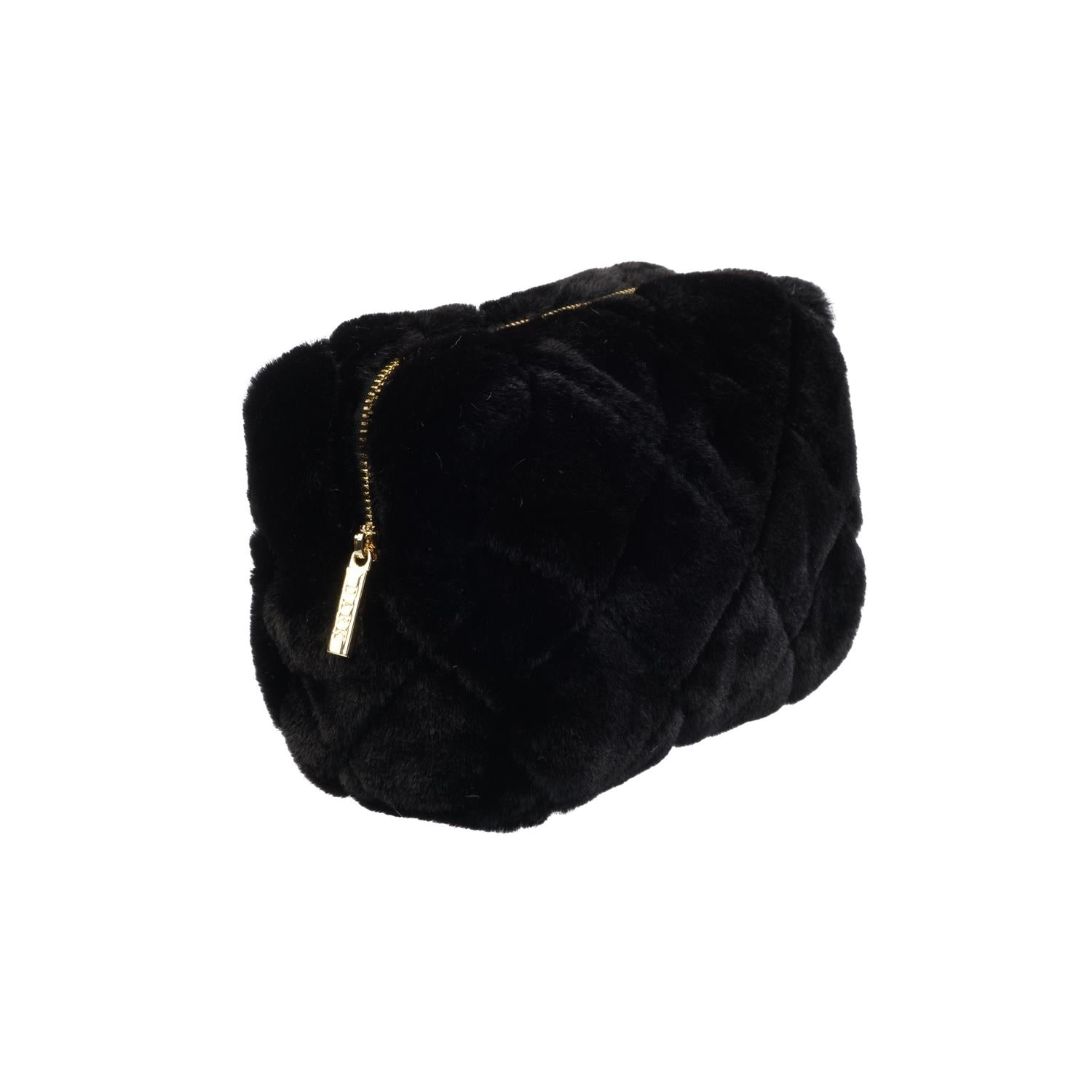Faux Fur Quilted Make-Up Pouch Small Black