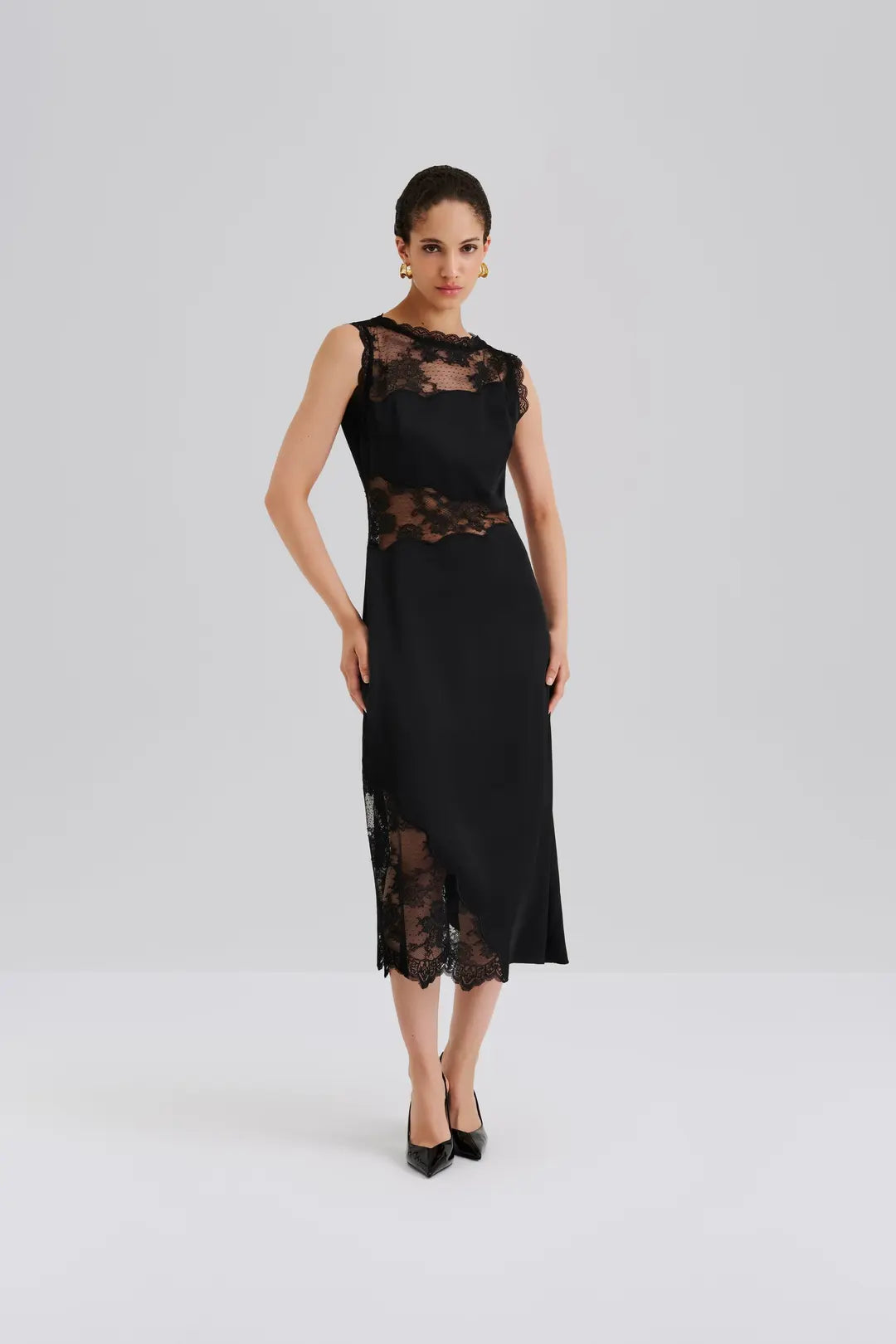 Desire Lace Trimmed Cut Out Midi Dress Black