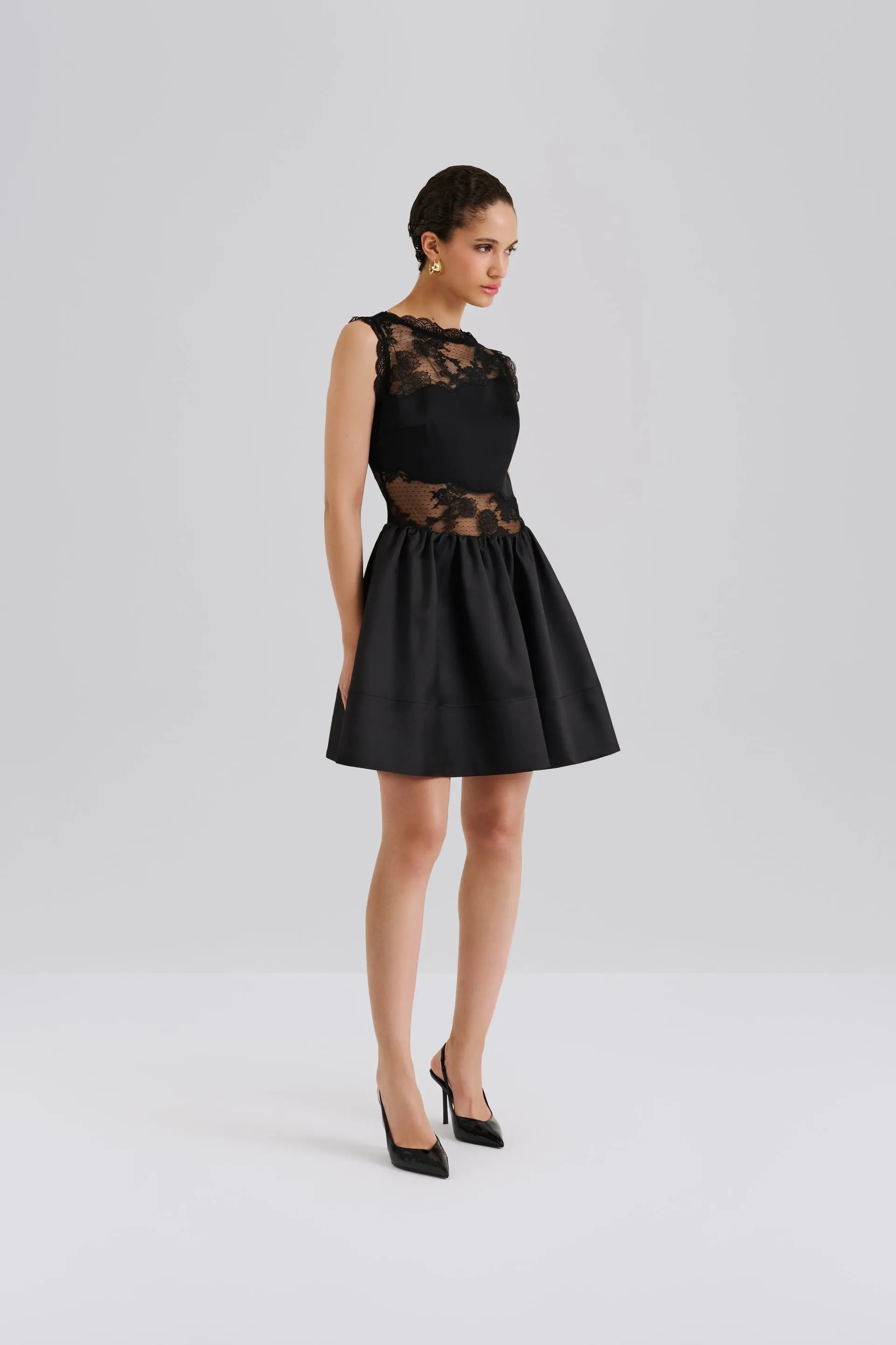 Rosy Lace Trimmed Cut Out Mini Dress Black