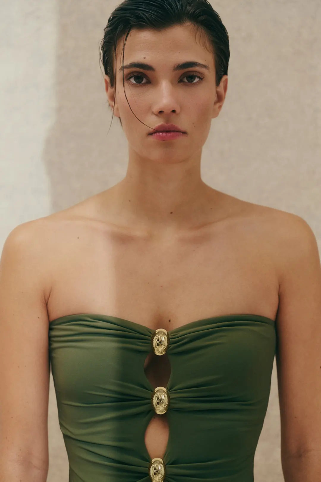 Milea Gold Embellished Bandeau Swimsuit Dusty Olive