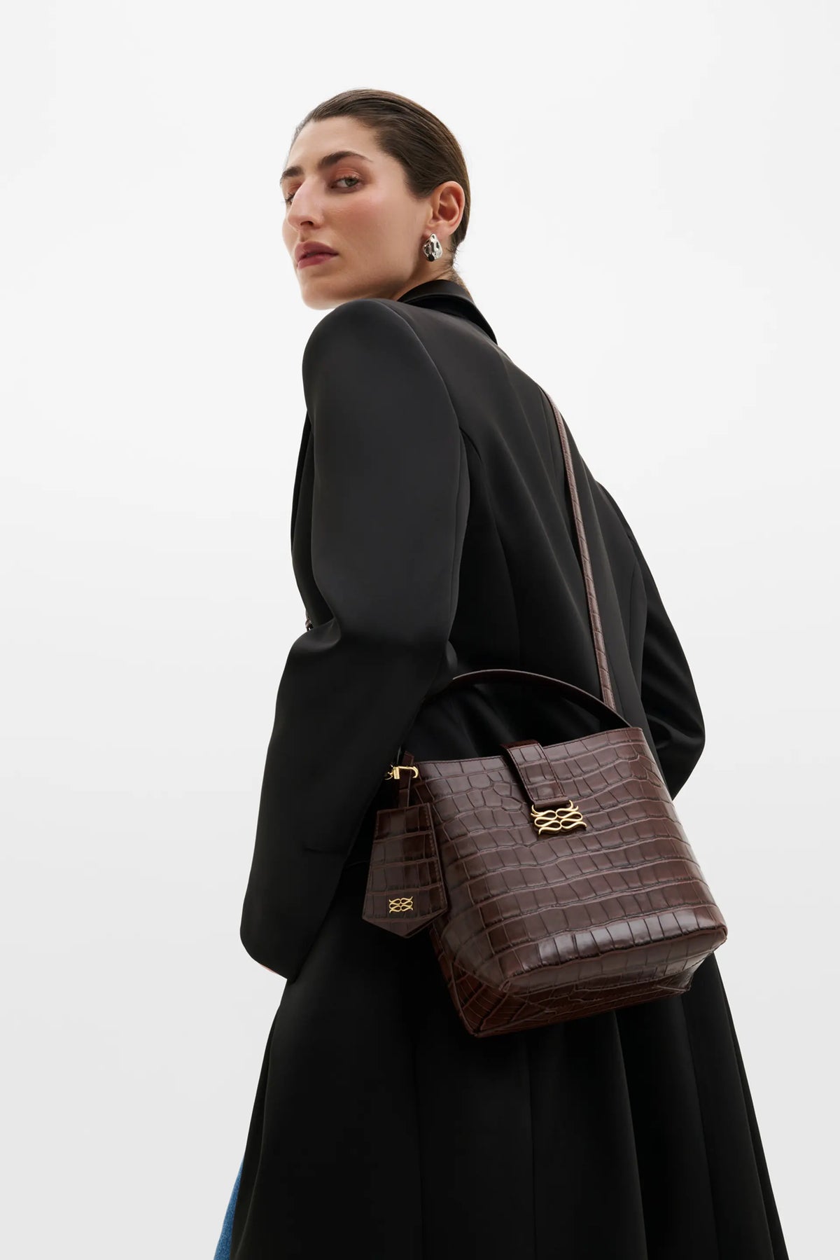 Monogram Leather Bucket Bag Dark Brown Croco