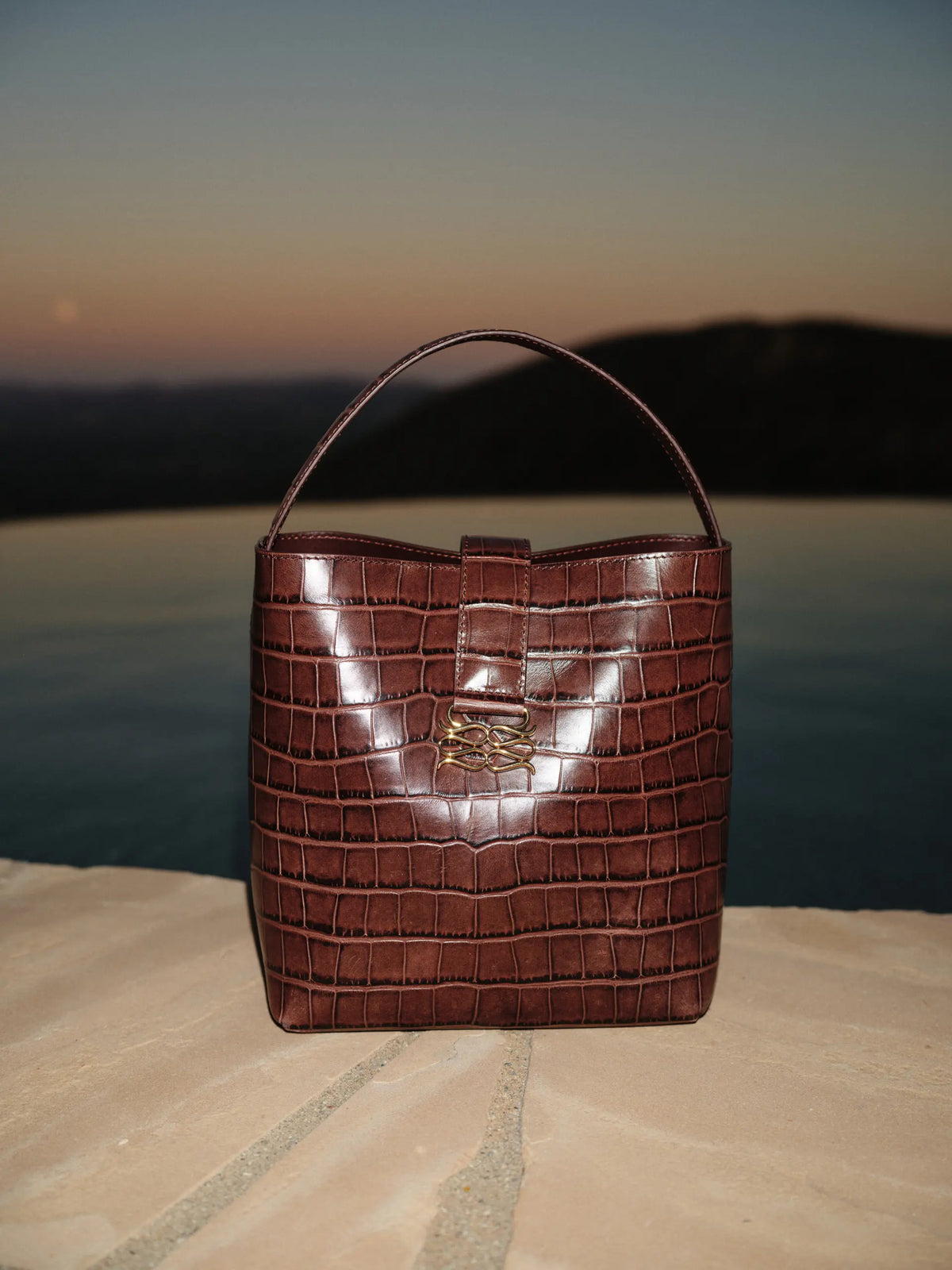 Monogram Leather Bucket Bag Dark Brown Croco
