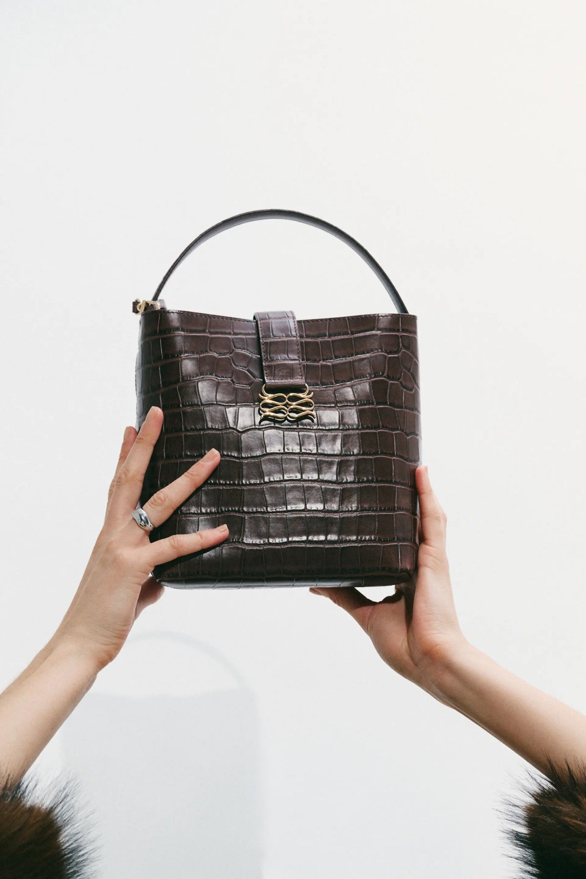 Monogram Leather Bucket Bag Dark Brown Croco