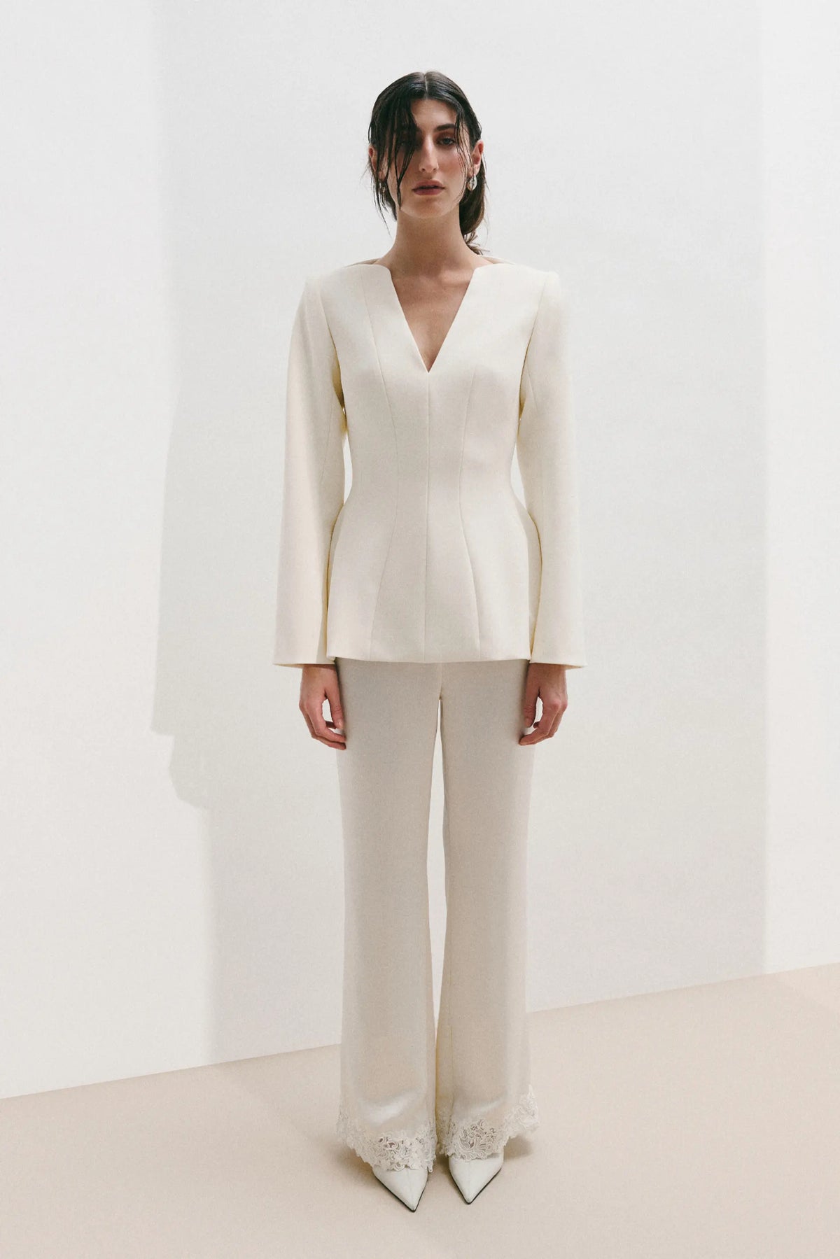 Marine Satin Lace Hem Trousers Pearl
