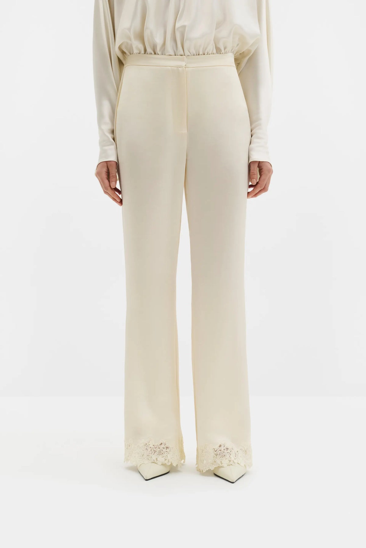 Marine Satin Lace Hem Trousers Pearl