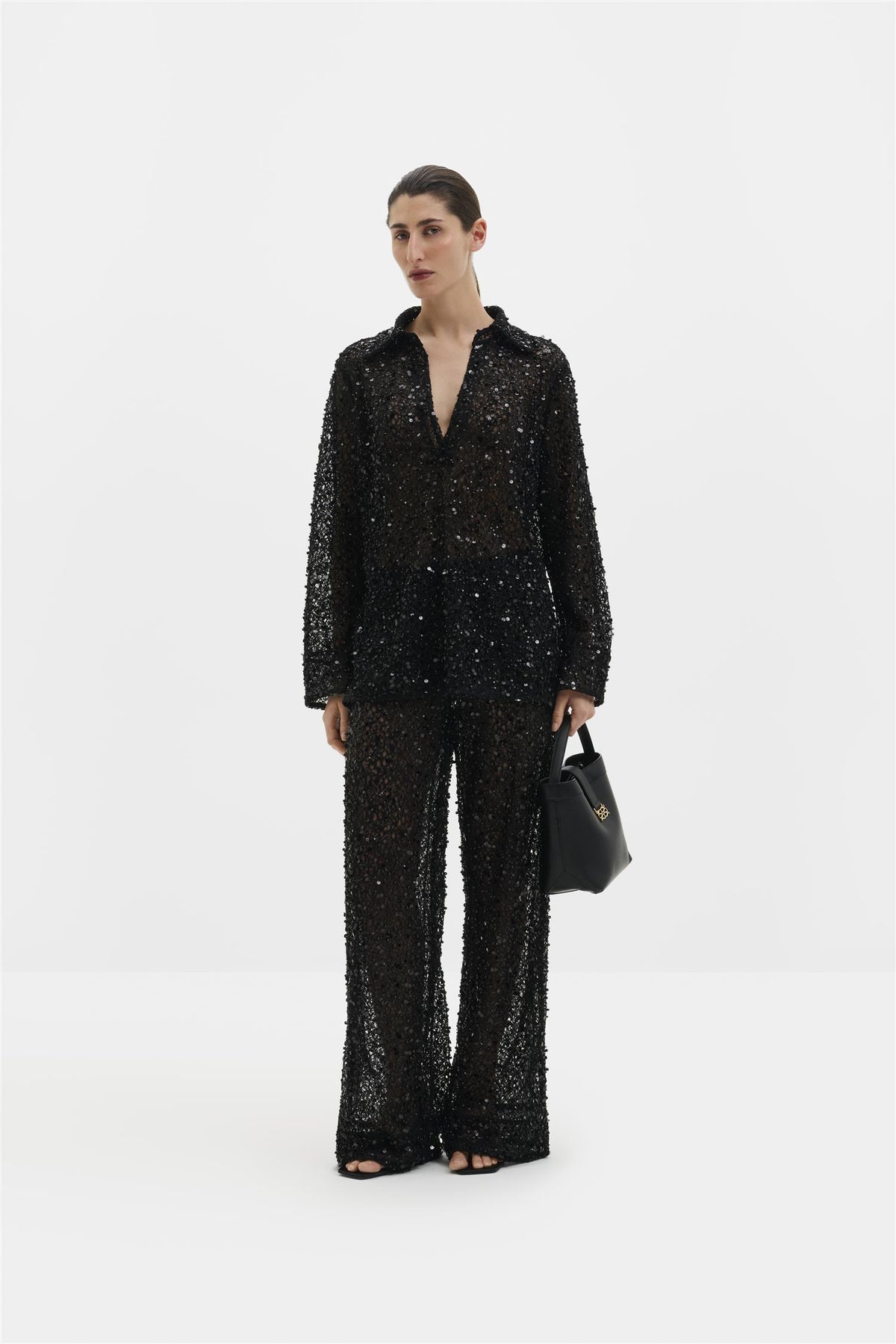 Pamela Embellished Lace Trousers Black