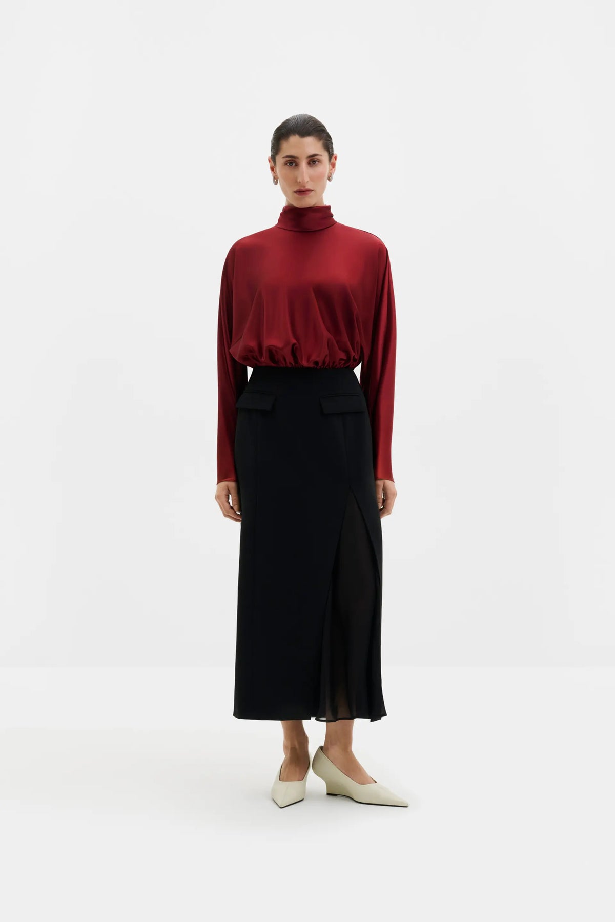 Vilja High-Neck Satin Blouse Ruby