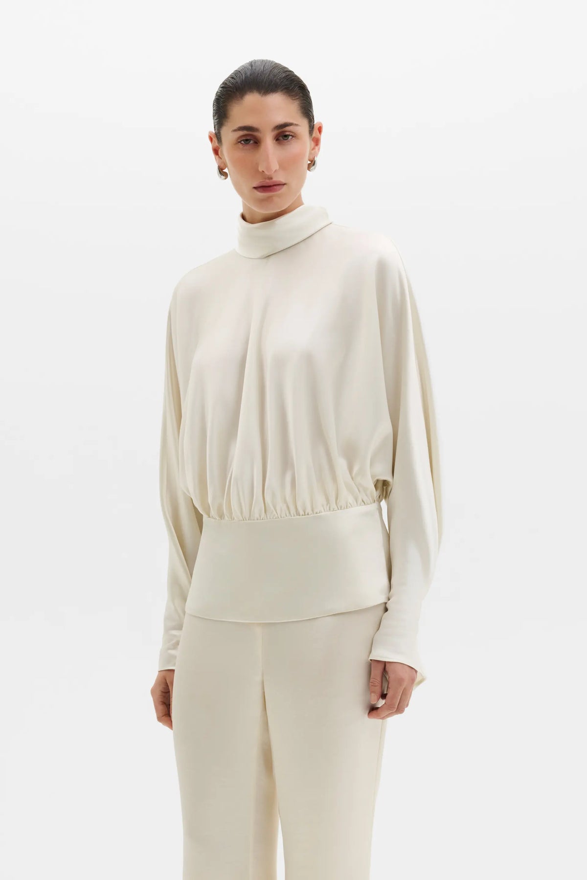 Vilja High-Neck Satin Blouse Pearl