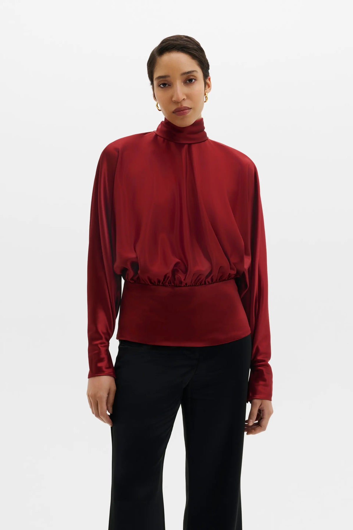 Vilja High-Neck Satin Blouse Ruby