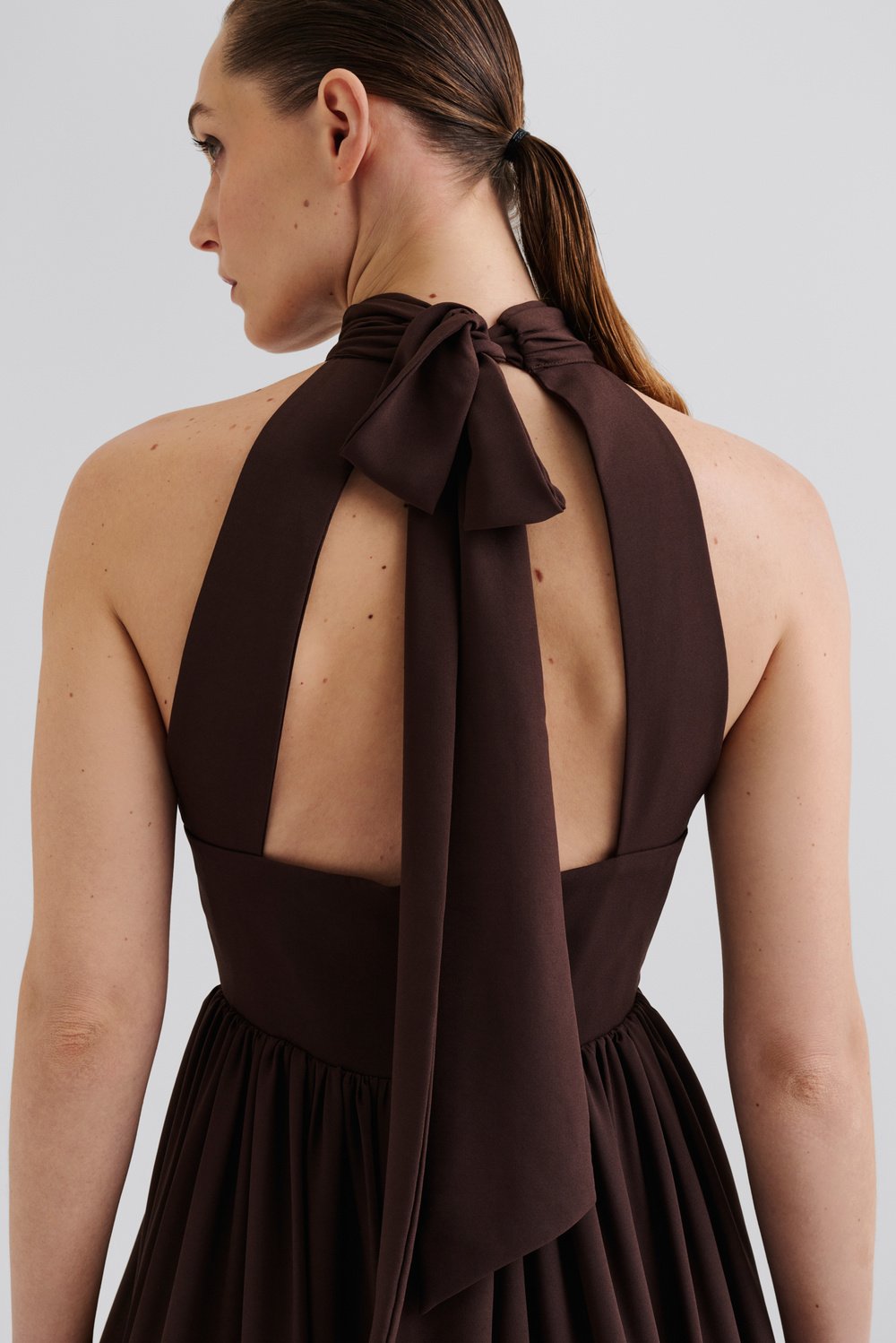 Fern Halterneck Ruffled Mini Dress Chocolate