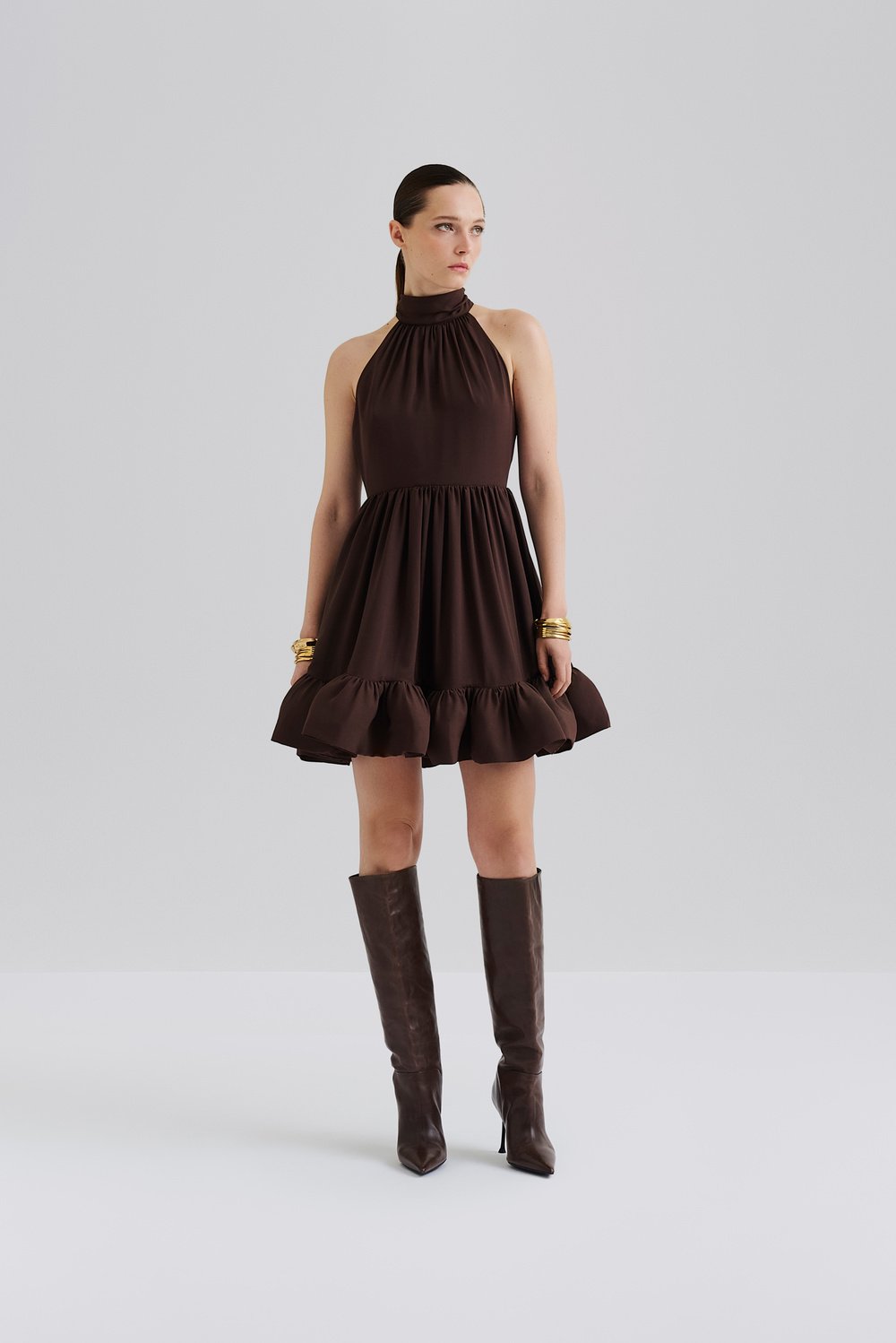 Fern Halterneck Ruffled Mini Dress Chocolate