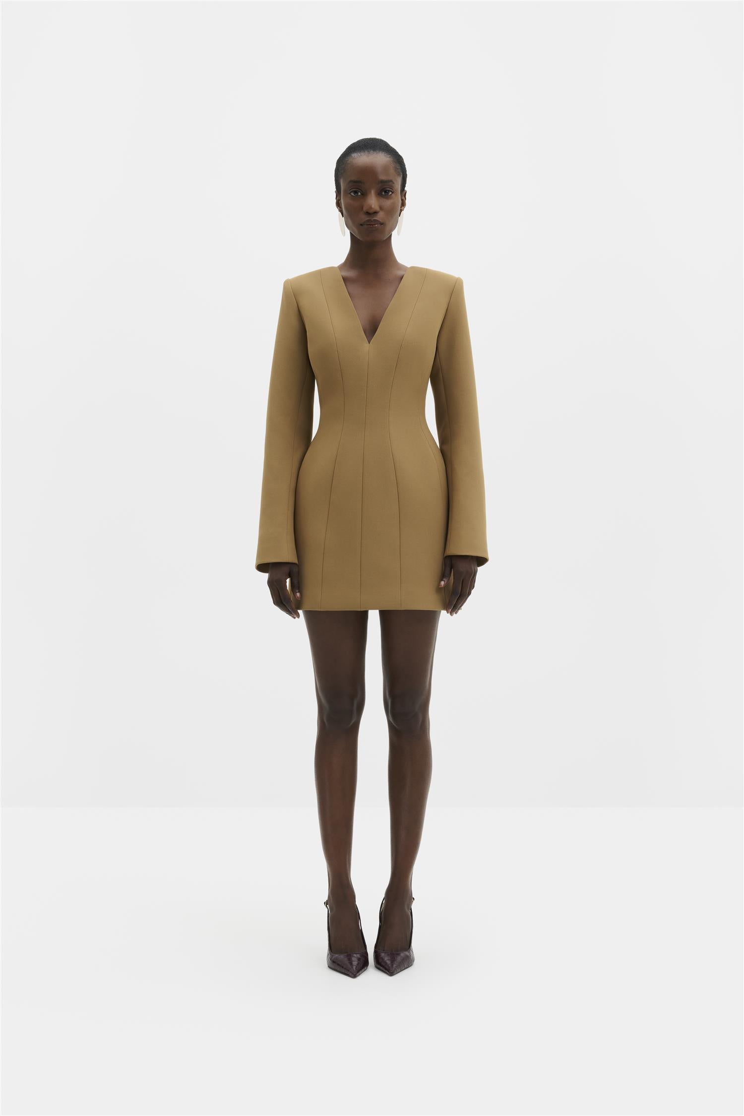 Ninni Cut-Out Shoulder Hourglass Mini Dress Camel
