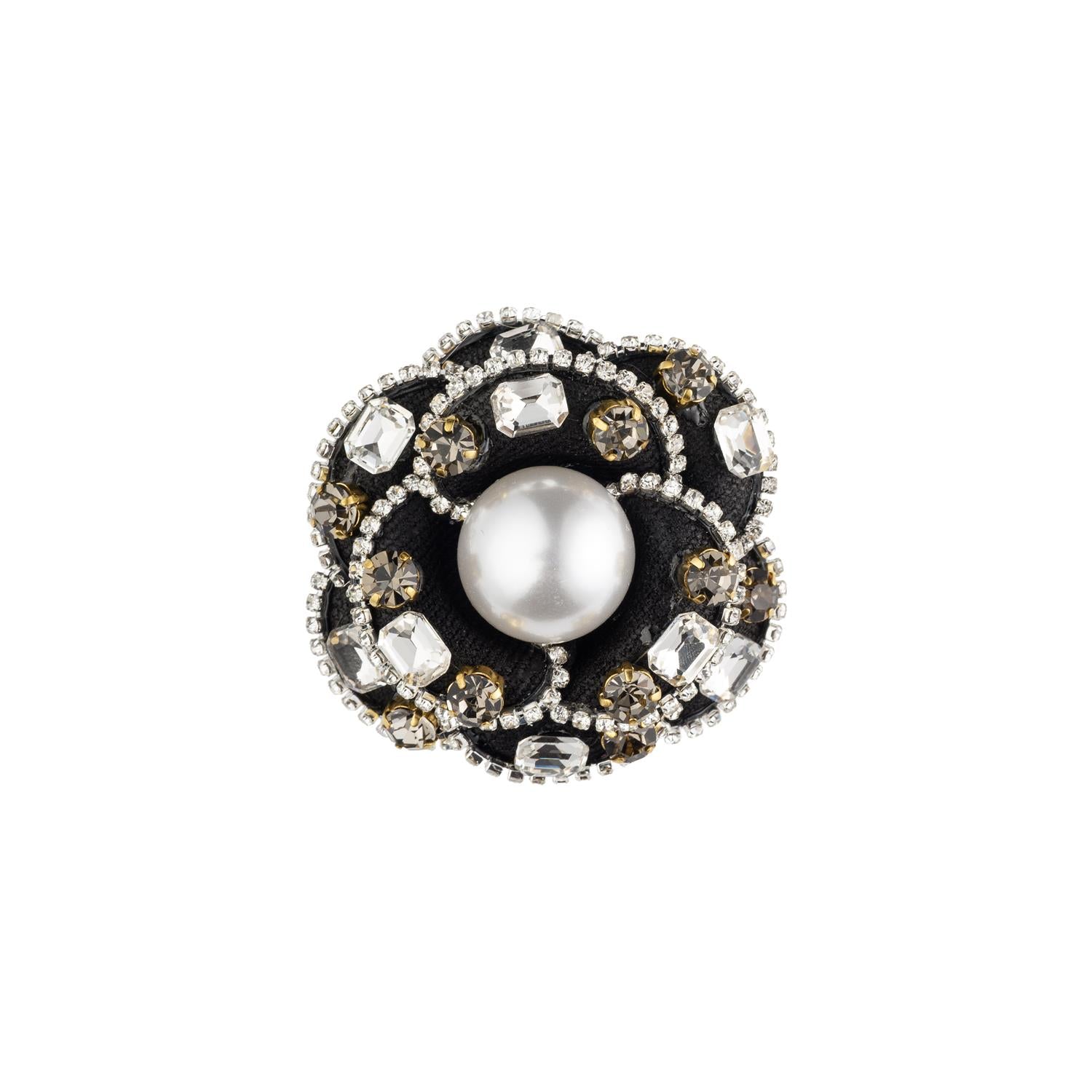 Vintage Flower Brooch w/ Crystals & Pearls Black