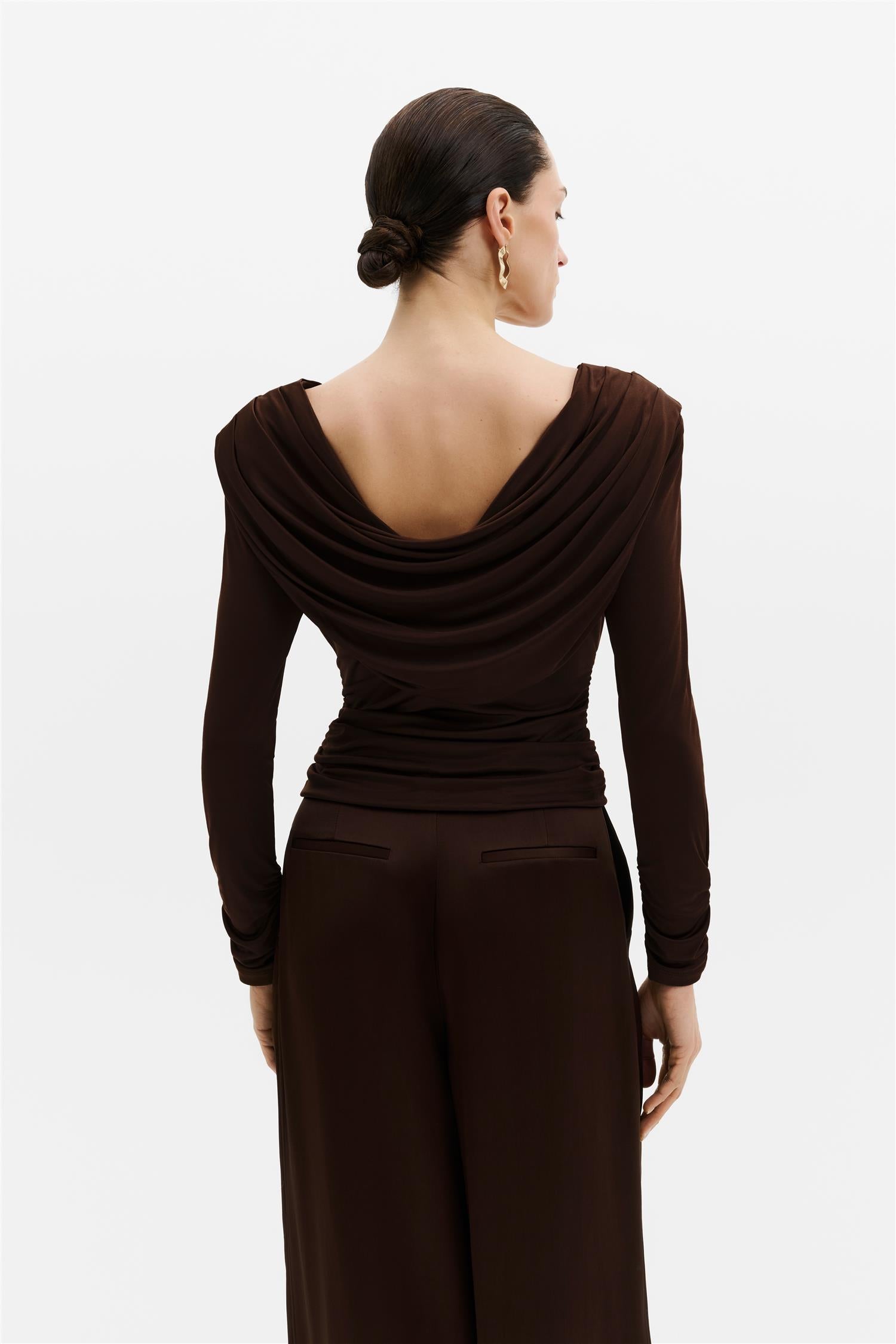 Signe Cowl Jersey Top Dark Brown