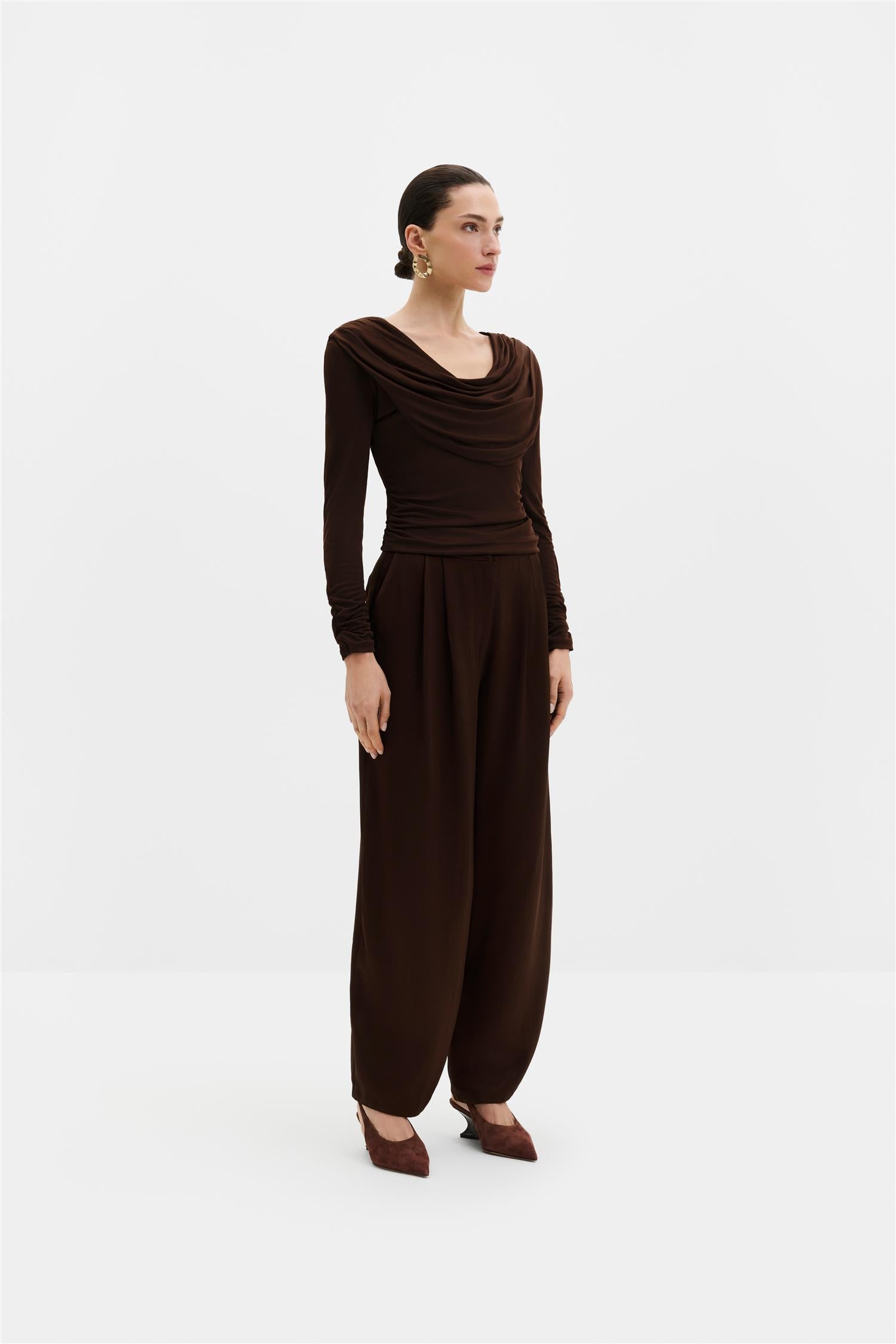 Signe Cowl Jersey Top Dark Brown