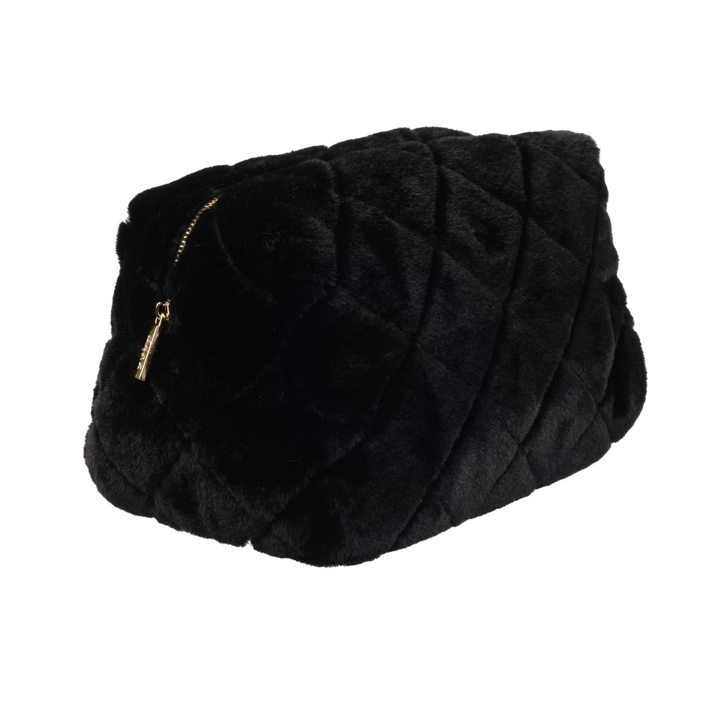 Faux Fur Quilted Make-Up Pouch Large Black