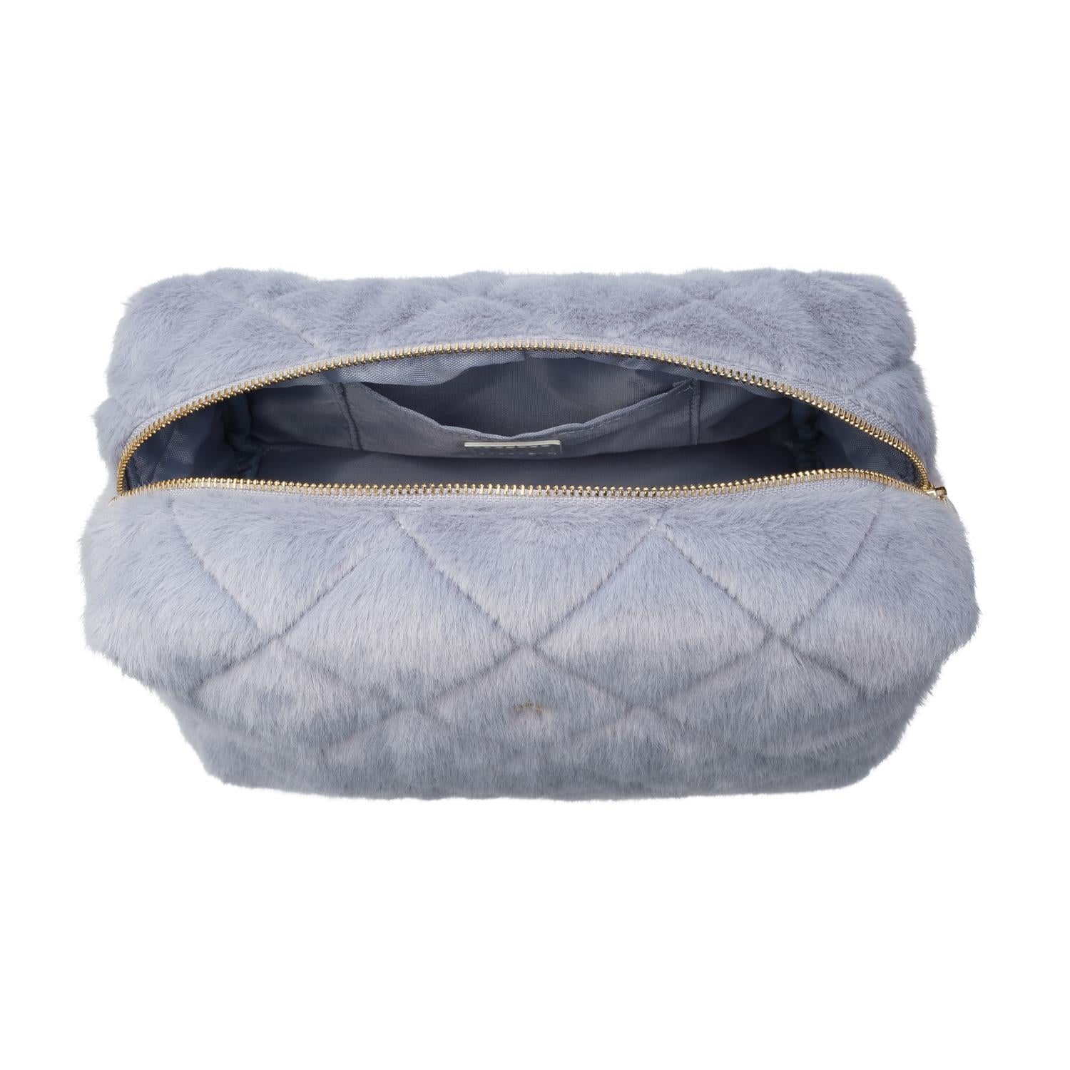 Faux Fur Quilted Make-Up Pouch Small Cool Blue
