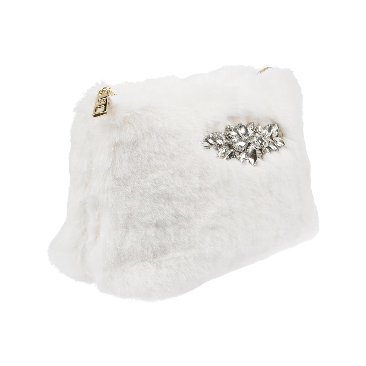 Faux Fur Standing Pouch w/ Crystals Off White