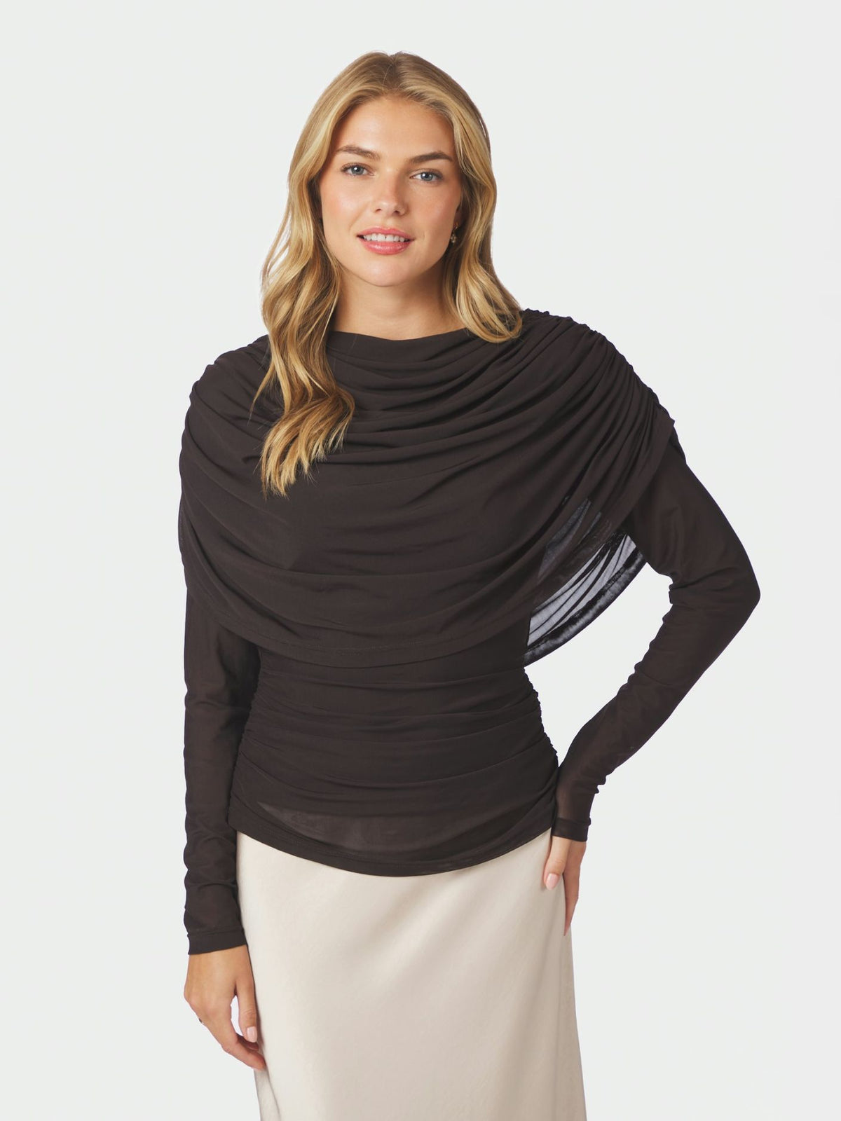 Lottuna Drapy Mesh Blouse Dark Brown