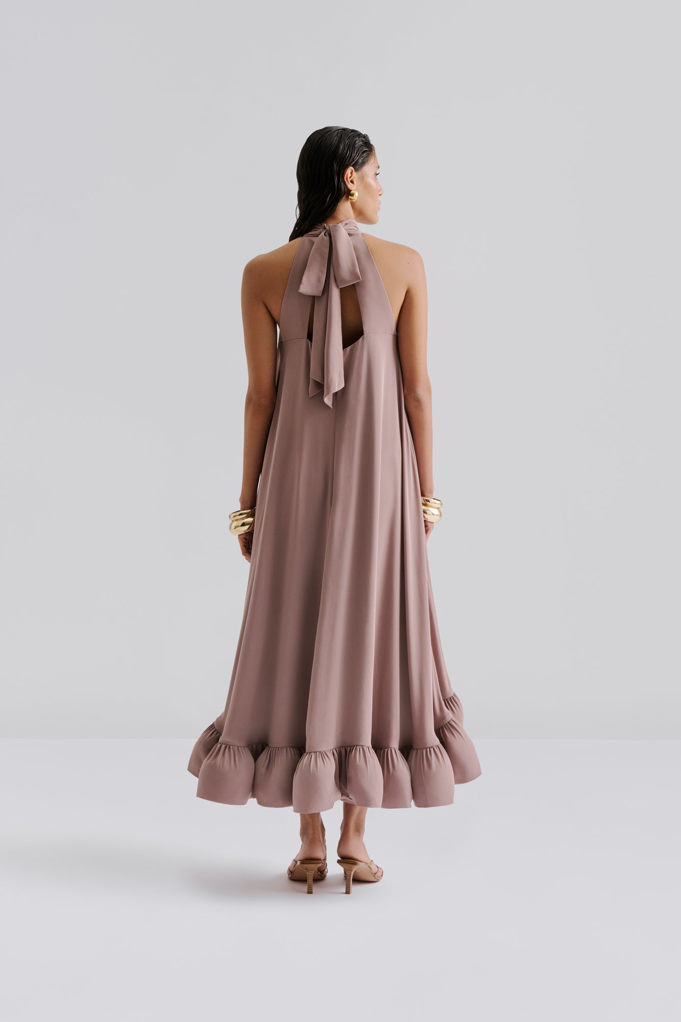 Sabrina Halterneck Ruffled Maxi Dress Taupe