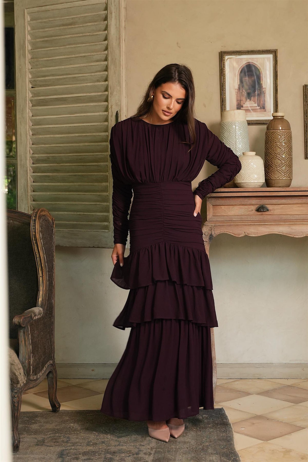 Jessie Long Sleeve Maxi Dress Burgundy