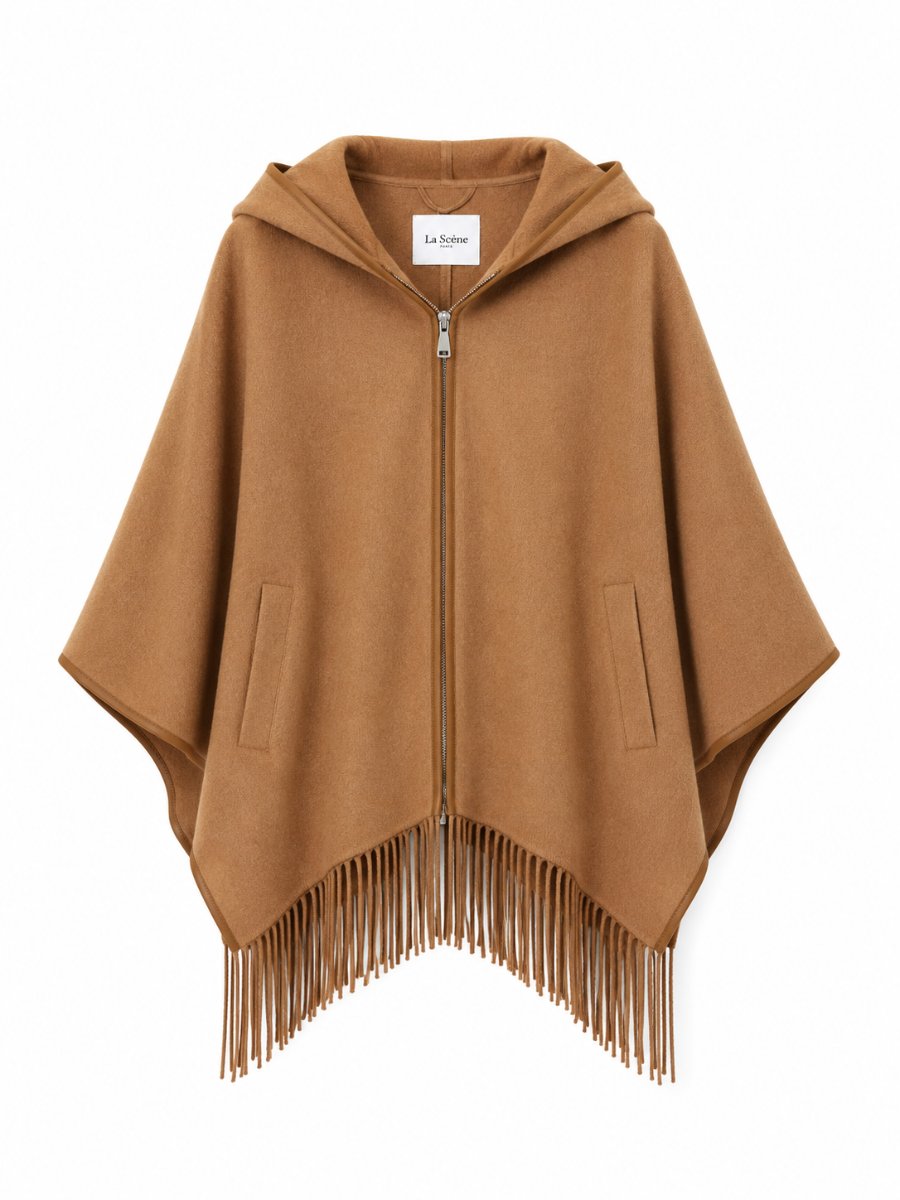 Wool Cape with Fringes Camel