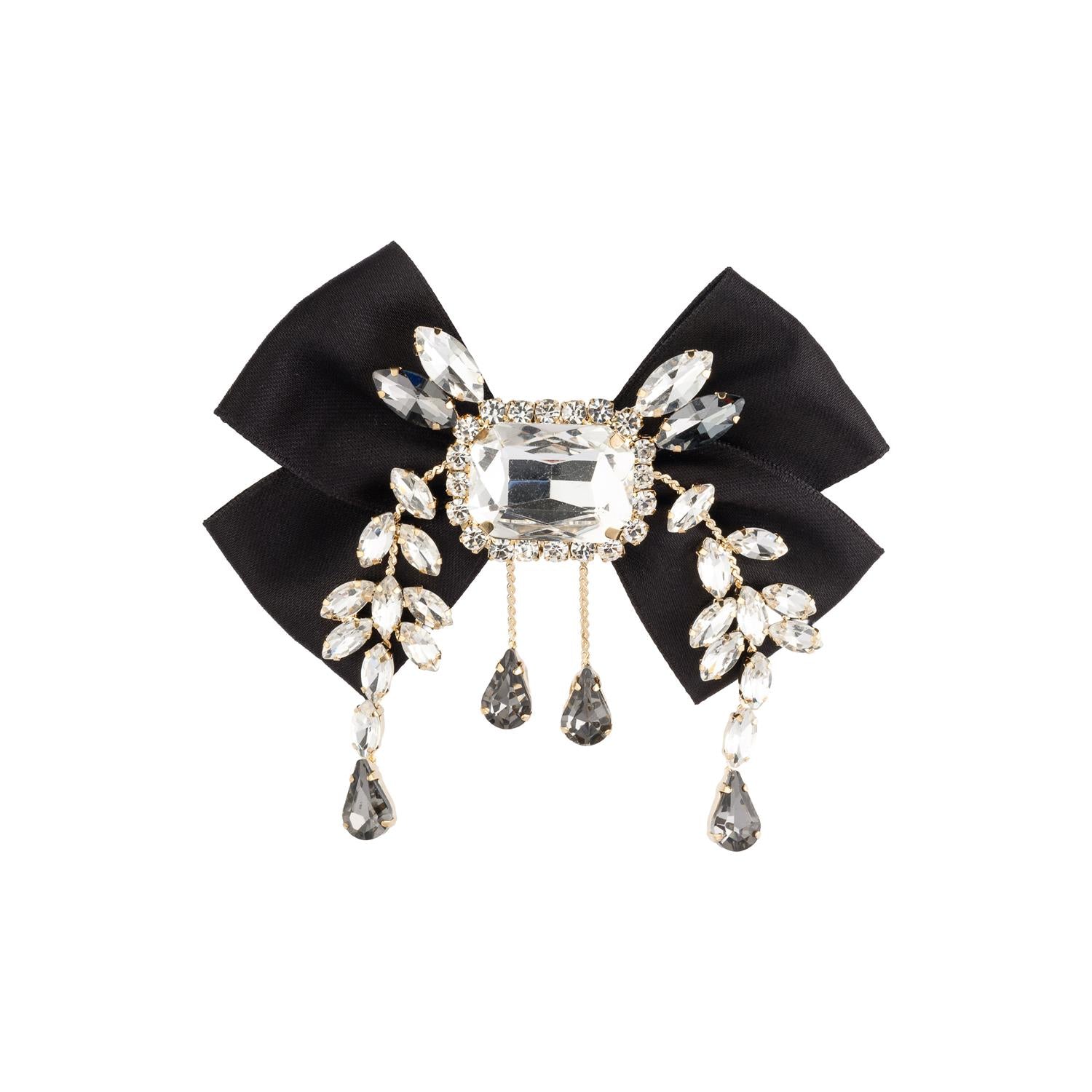 Satin Bow Brooch w/ Crystals Black
