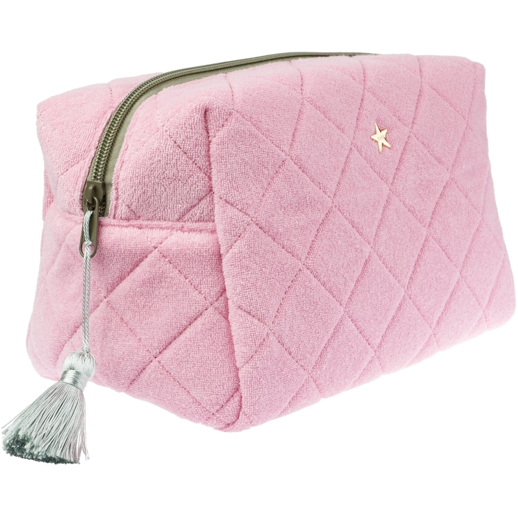 TERRY QUILTED MAKE-UP POUCH LARGE BUBBLEGUM PINK W/MILIEU GREEN TERRY QUILTED MAKE-UP POUCH LARGE BUBBLEGUM PINK W/MILIEU GREEN