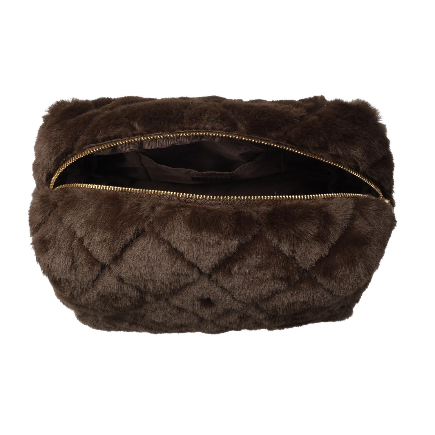Faux Fur Quilted Make-Up Pouch Large Chocolate Brown