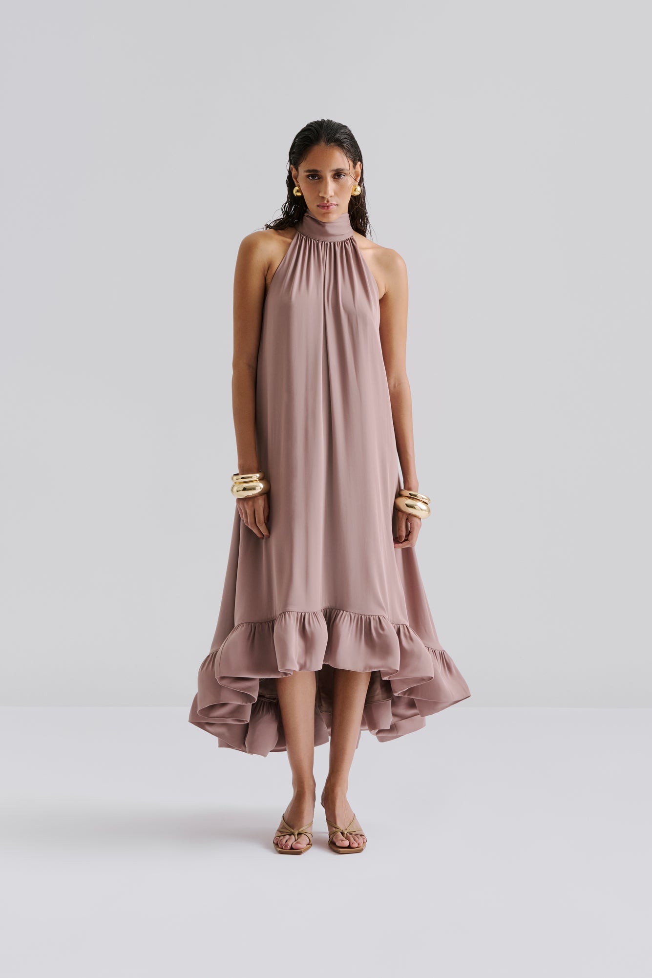 Sabrina Halterneck Ruffled Maxi Dress Taupe