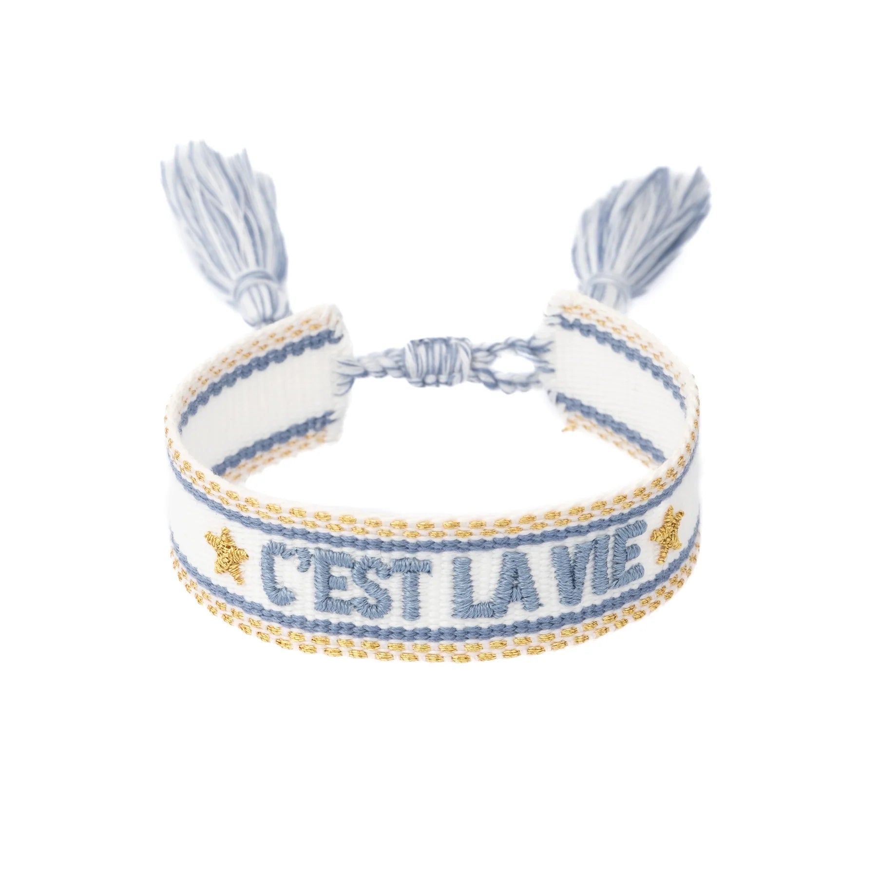 Woven Bracelet "C'est La Vie" White w/ Light Blue & Gold